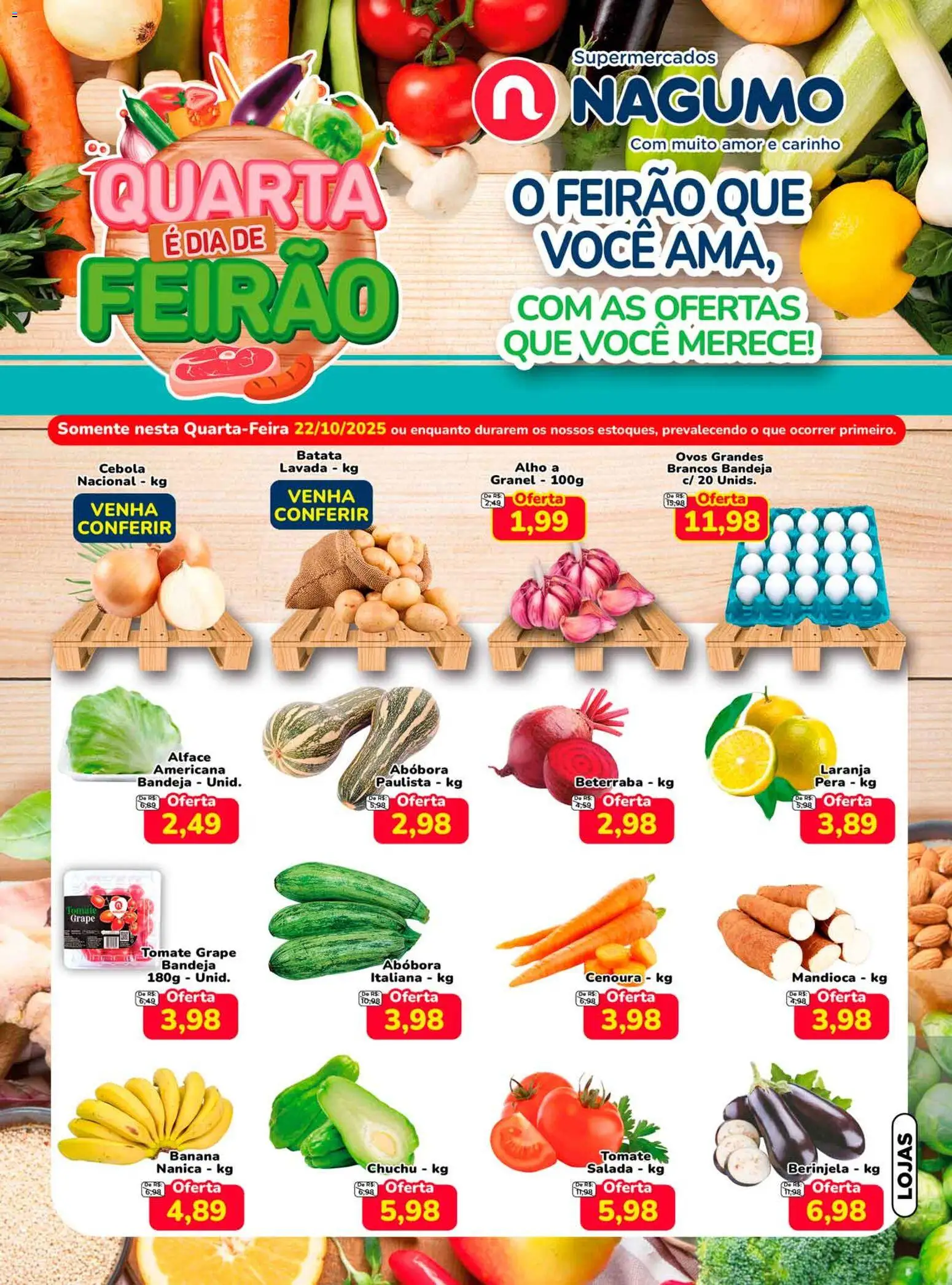 Nagumo Folheto - válido de 22.10.2025 | Página: 1 | Produtos: Berinjela, Cebola, Mandioca, Alface