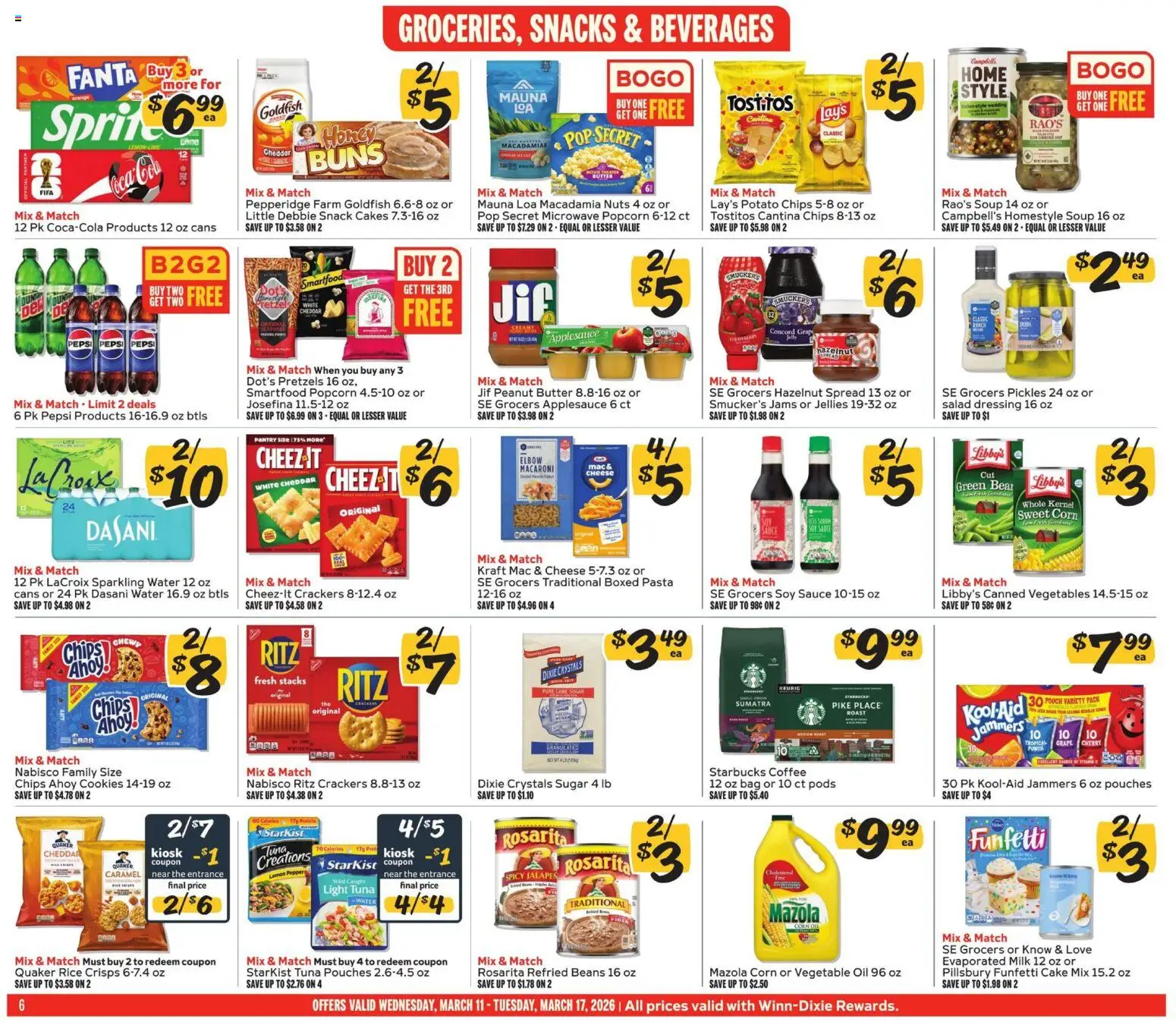 Winn Dixie Weekly Ad - valid from 11.03.2026 | Page: 6 | Products: Chips, Nuts, Water, Pepper