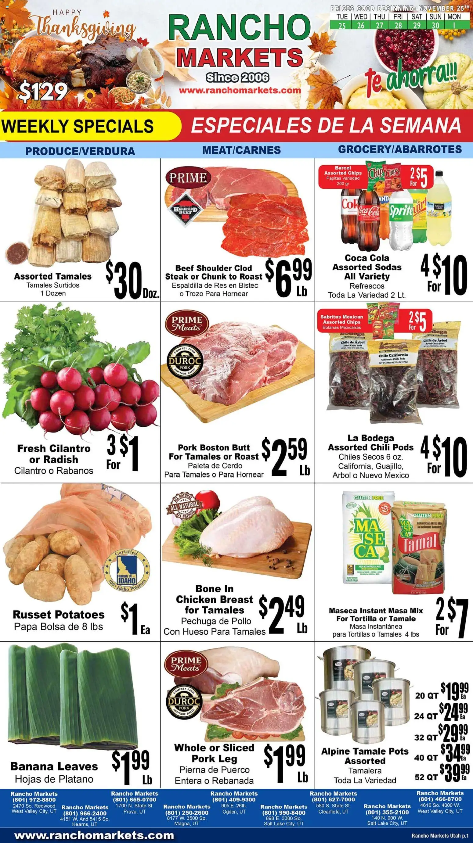 Rancho Markets Weekly Ad - valid from 25.11.2025 | Page: 1 | Products: Pork, Beef, Potatoes, Salt