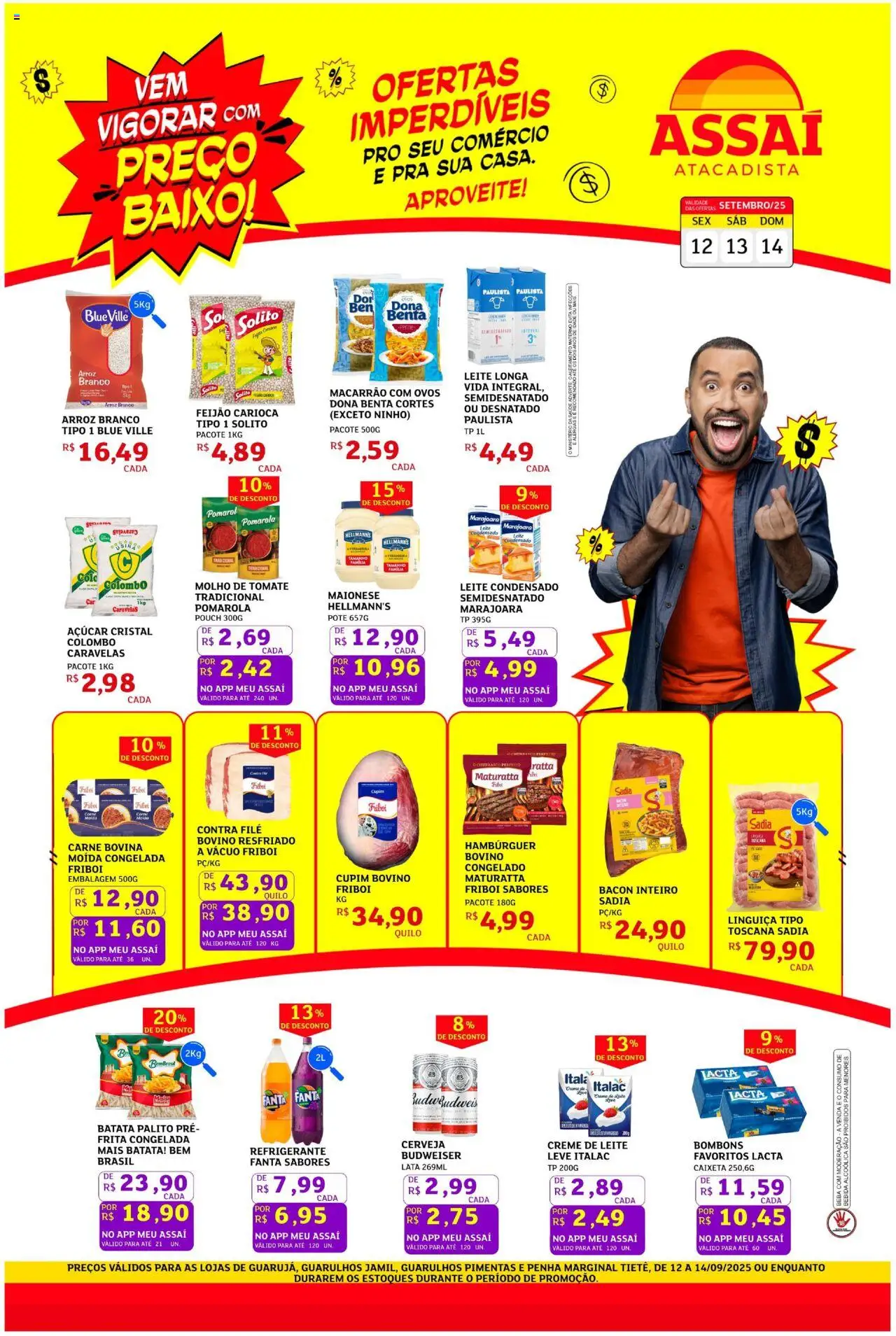 Assaí Atacadista Folheto - válido de 12.09.2025 | Página: 1 | Produtos: Linguiça, Arroz, Baixo, Creme de leite
