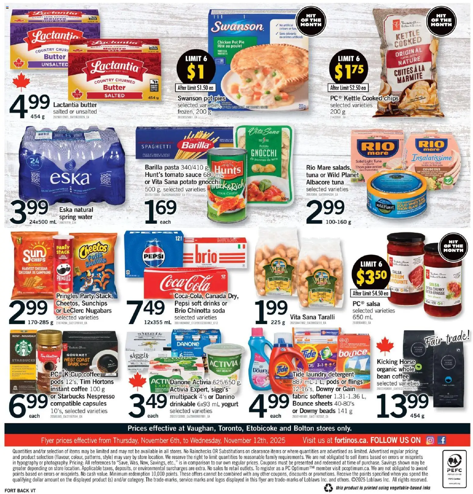 Fortinos flyer valid from 06.11.2025 | Page: 2 | Products: Pasta, Chips, Salad, Coffee