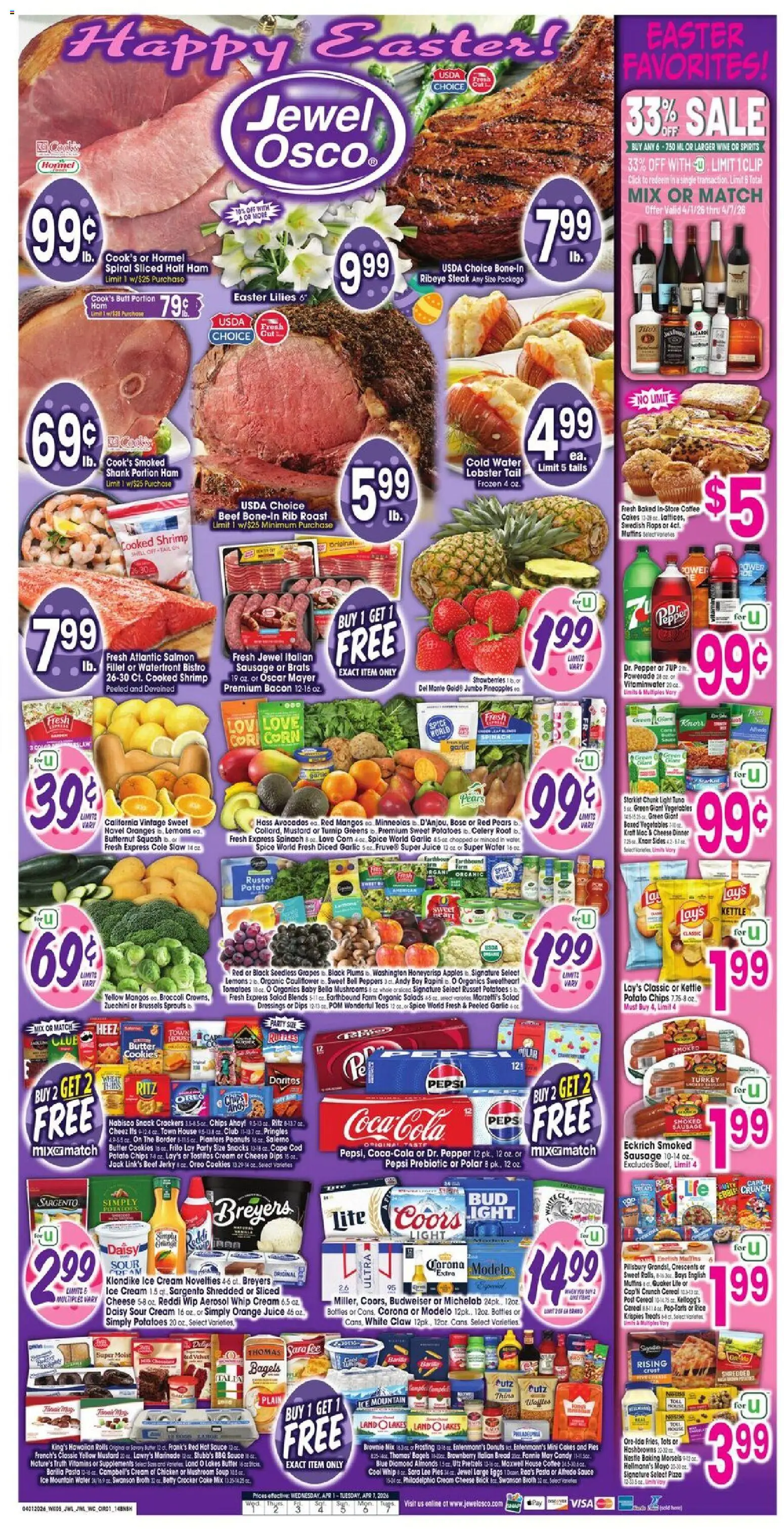 Jewel Osco Weekly Ad - valid from 01.04.2026 | Page: 1 | Products: Mushrooms, Beef, Potatoes, Water
