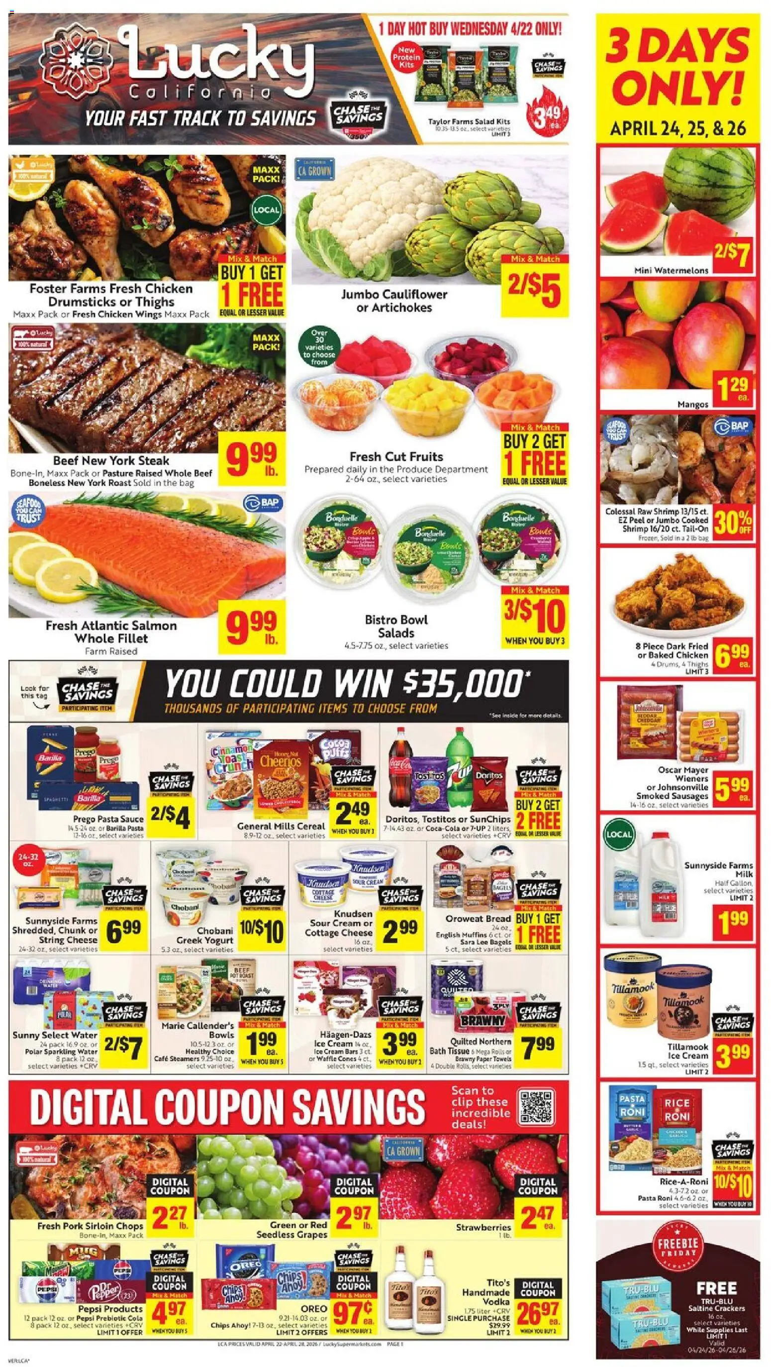 Lucky Supermarkets Weekly Ad - valid from 22.04.2026 | Page: 1 | Products: Strawberries, Ice cream, Fruits, Bag