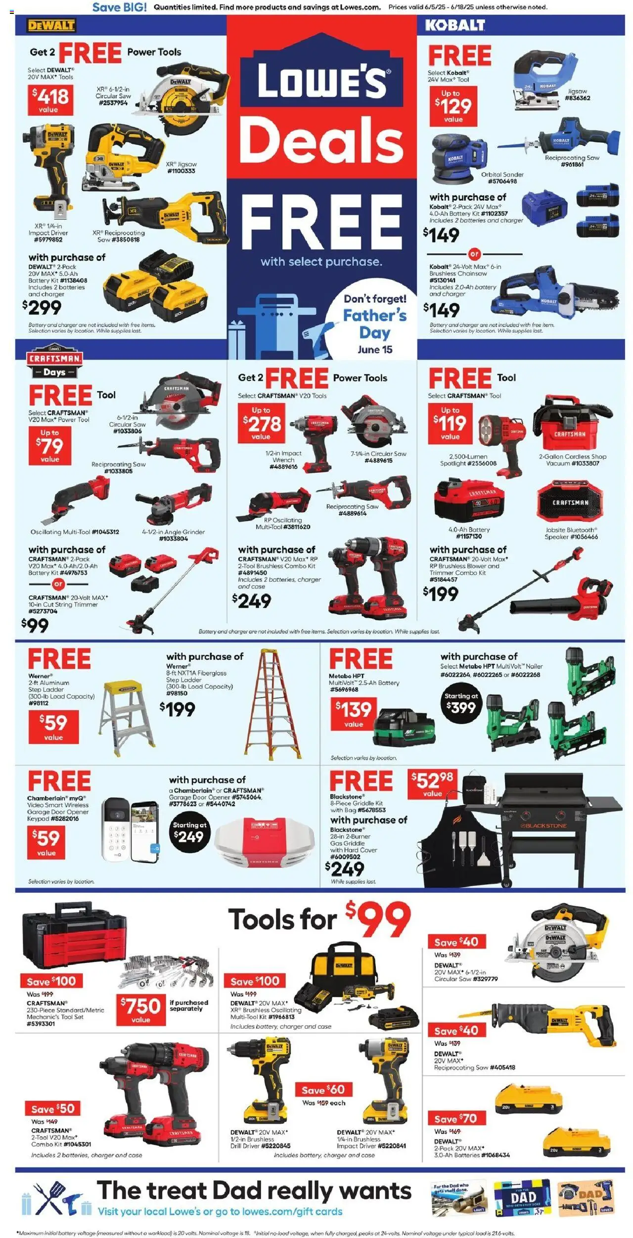 Lowe's Weekly Ad - valid from 05.06.2025 | Page: 1 | Products: Angle Grinder, Reciprocating Saw, Video, Bag