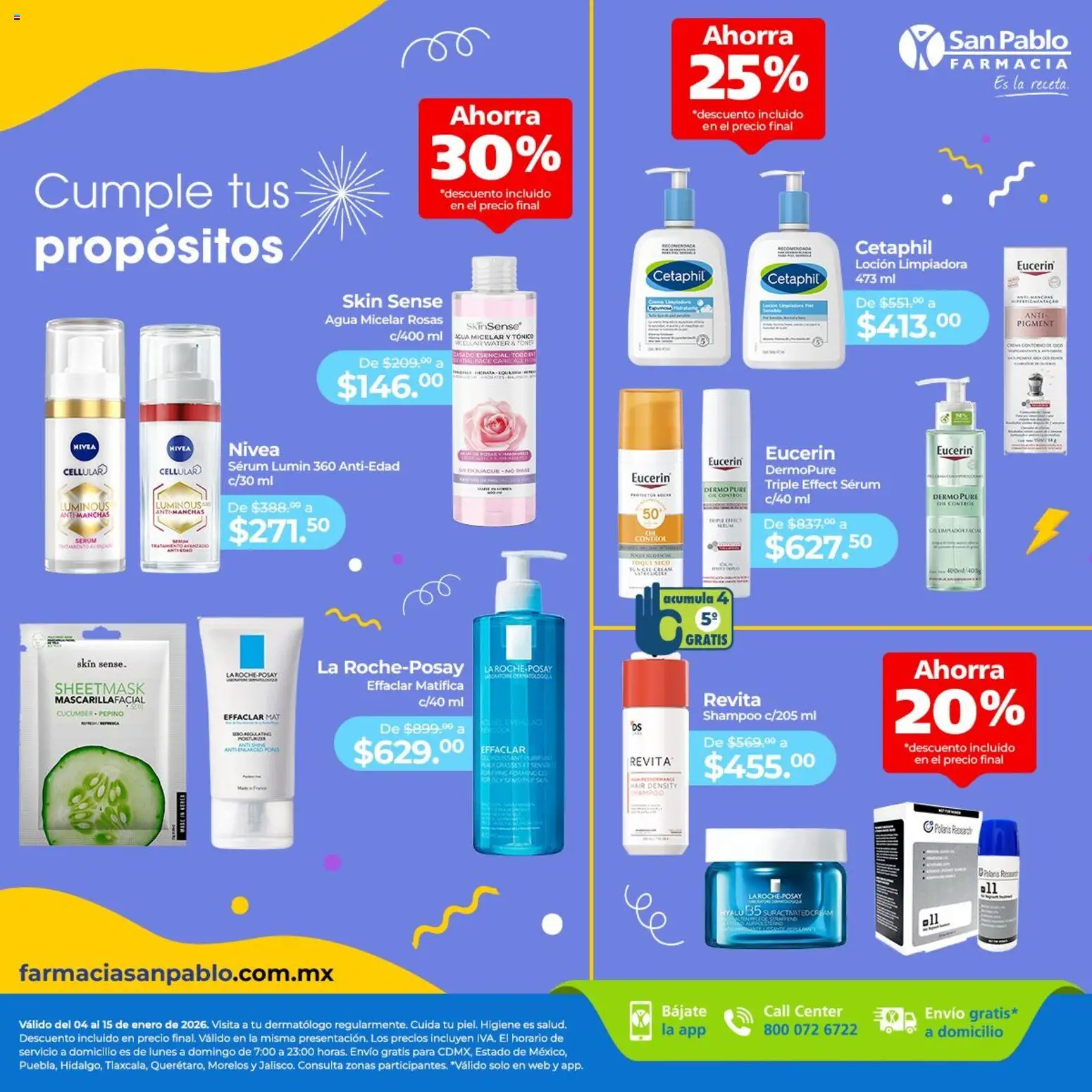 Nuevas ofertas de Farmacia San Pablo válidas en toda la República Mexicana desde el 04.01.2026. ¡Encuentra las mejores ofertas en Farmacia San Pablo catálogo Ofertas! | Página: 1 | Productos: Serum, Agua, Toner, Agua micelar