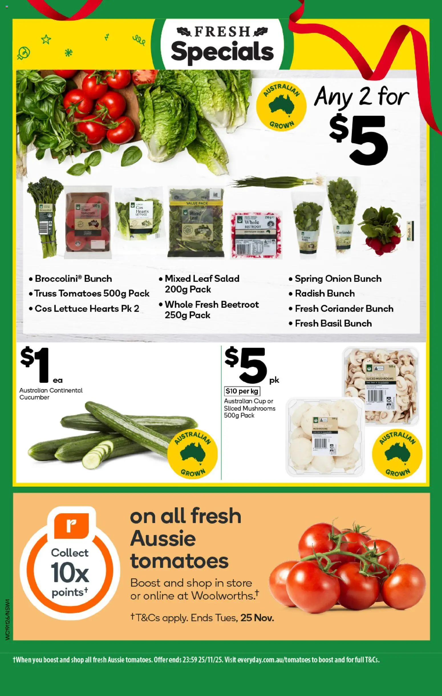 Woolworths catalogue - valid from 19.11.2025 | Page: 4 | Products: Tomatoes, Mushrooms, Radish, Beetroot