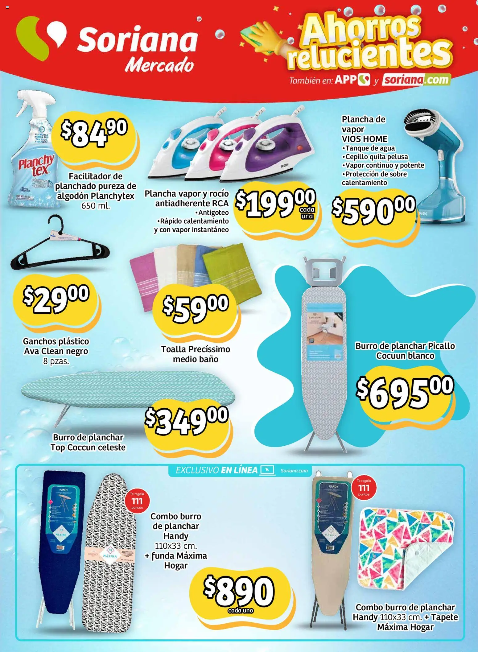 Nuevas ofertas de Soriana válidas en toda la República Mexicana desde el 02.01.2026. ¡Encuentra las mejores ofertas en Soriana - Ahorros relucientes Mercado Nacional! | Página: 9 | Productos: Burro de planchar, Cepillo, Agua, Plancha