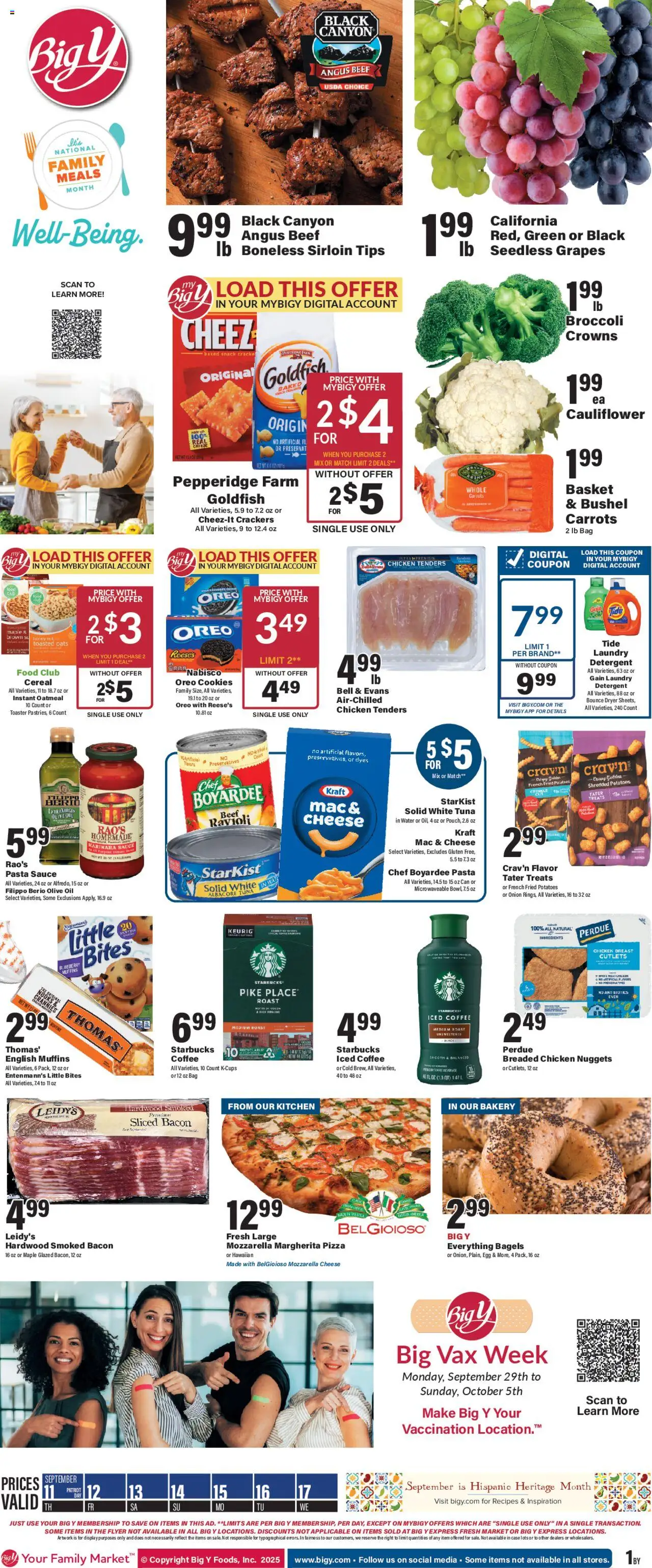 Big Y Weekly Ad - valid from 11.09.2025 | Page: 1 | Products: Detergent, Cookies, Water, Sauce