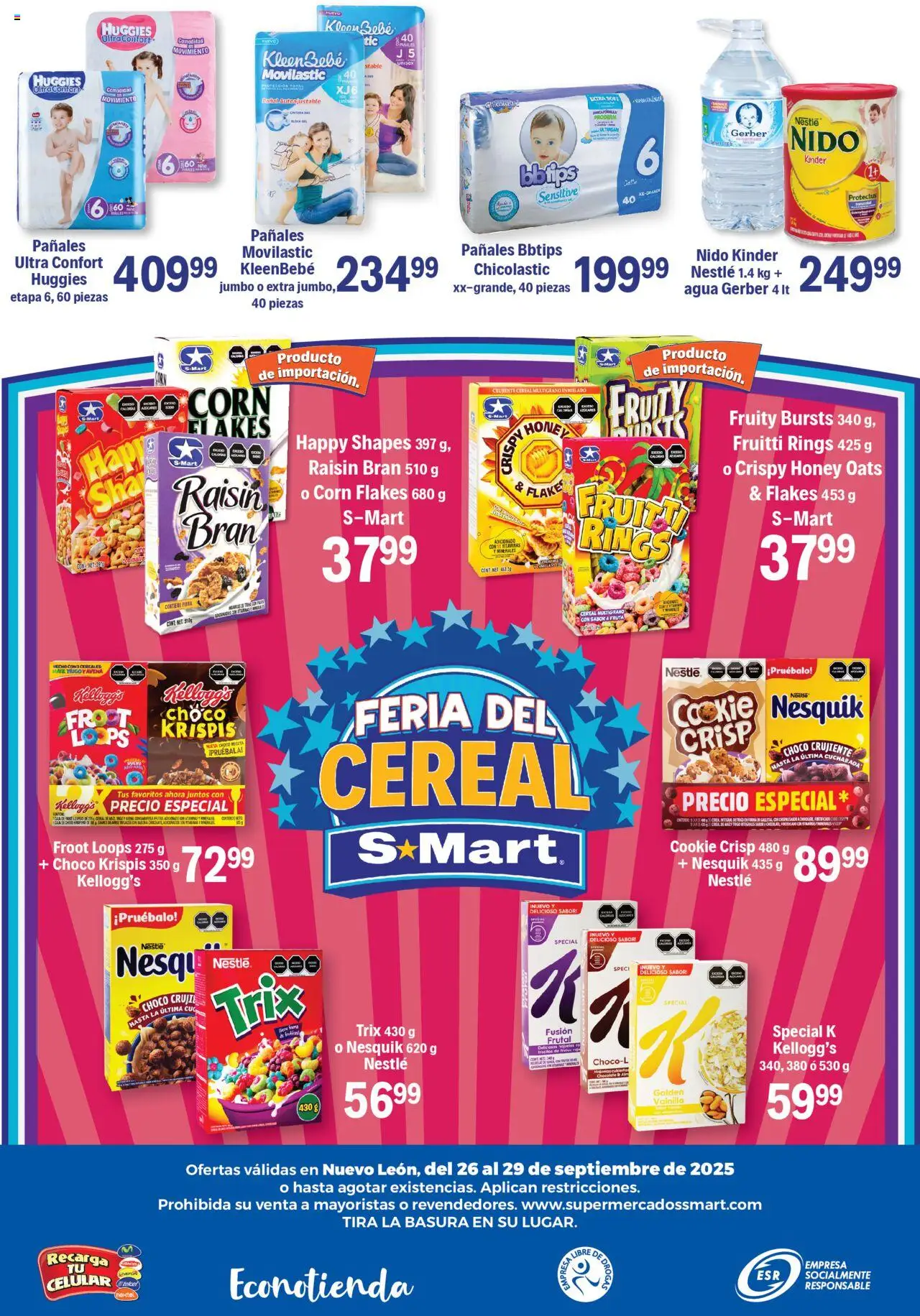 Nuevas ofertas de S-Mart válidas en toda la República Mexicana desde el 26.09.2025. ¡Encuentra las mejores ofertas en S-Mart - Folleto - Monterrey! | Página: 6 | Productos: Maíz, Agua, Hojuelas, Pañales