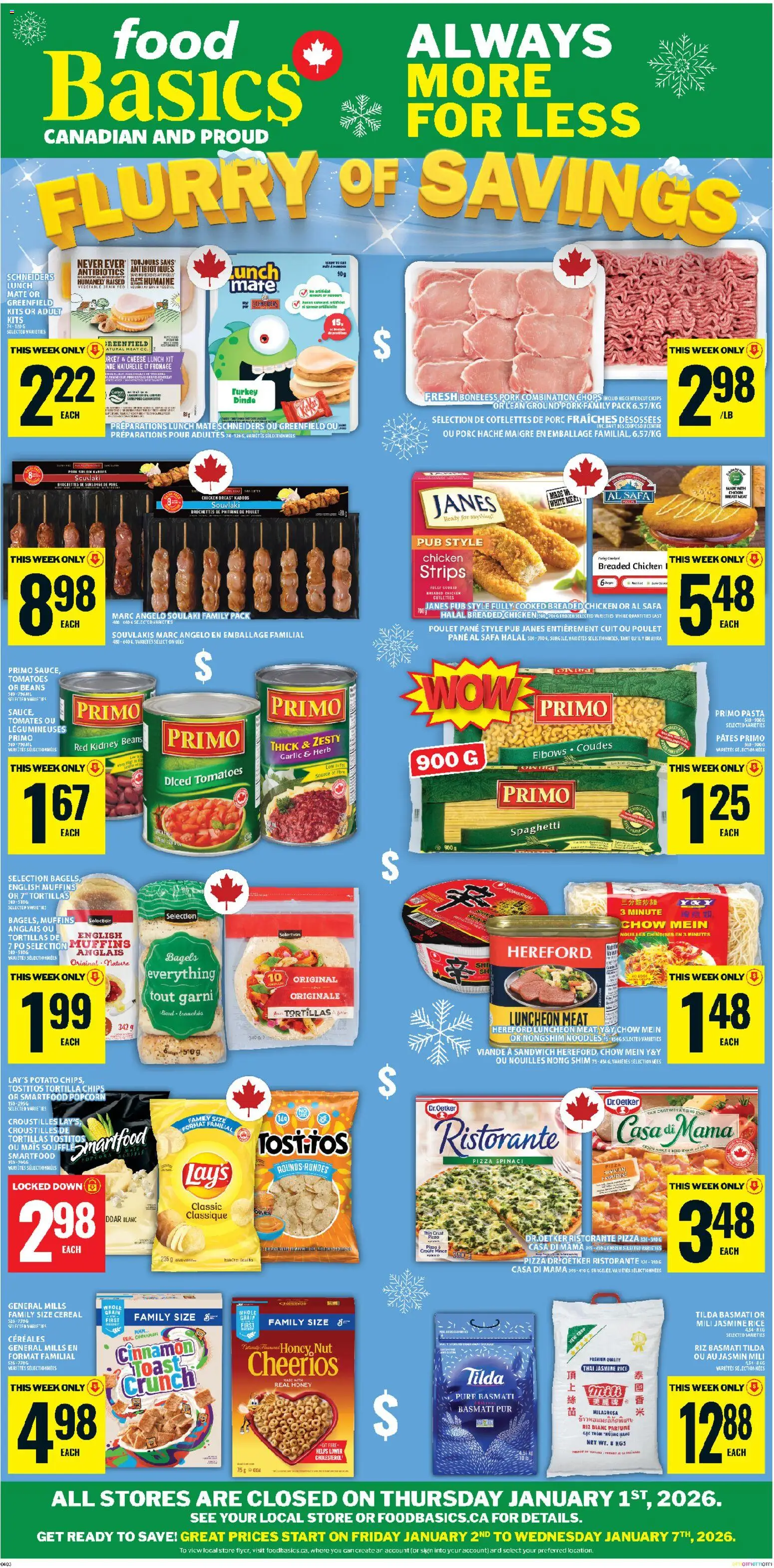 Food Basics flyer valid from 01.01.2026 | Page: 1 | Products: Turkey, Pizza, Pork, Tomatoes