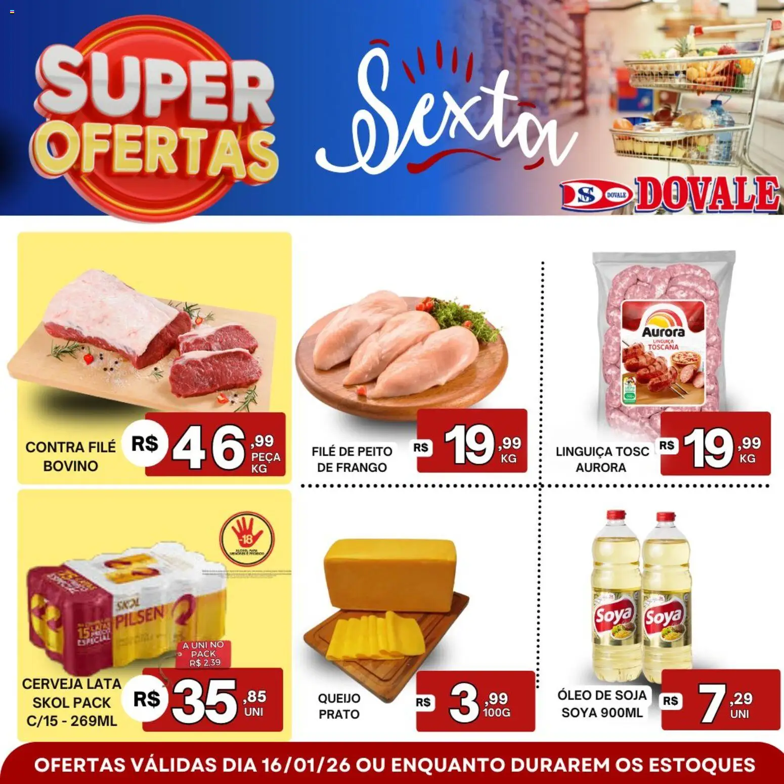 Dovale Folheto - válido de 16.01.2026 | Página: 1 | Produtos: Contra filé, Queijo, Cerveja, Frango