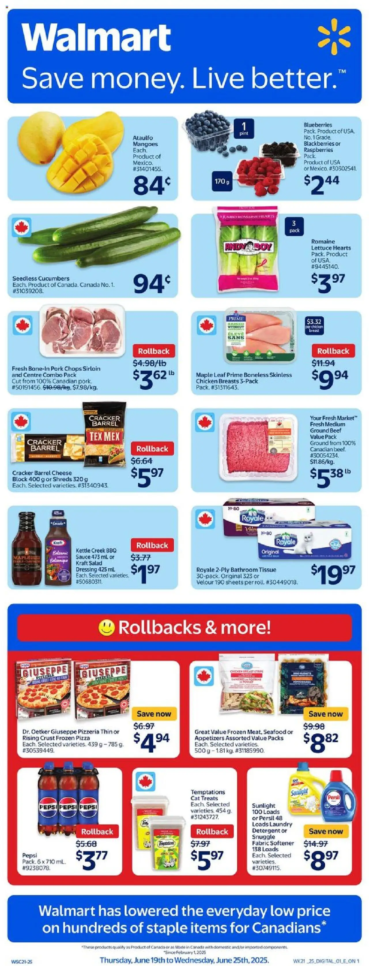 Walmart flyer valid from 19.06.2025 | Page: 1 | Products: Chicken breasts, Kettle, Cheese, Pizza