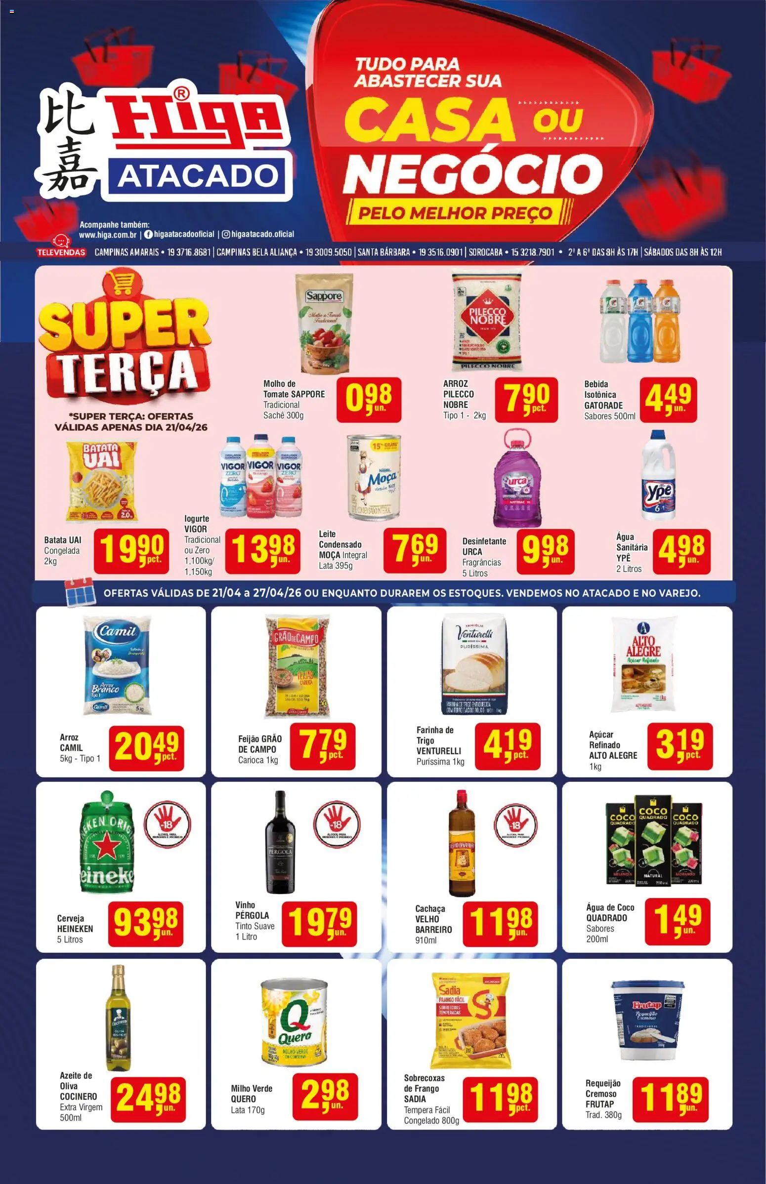 Higa Atacado Folheto - válido de 21.04.2026 | Página: 1 | Produtos: Leite, Vinho, Batata, Requeijão