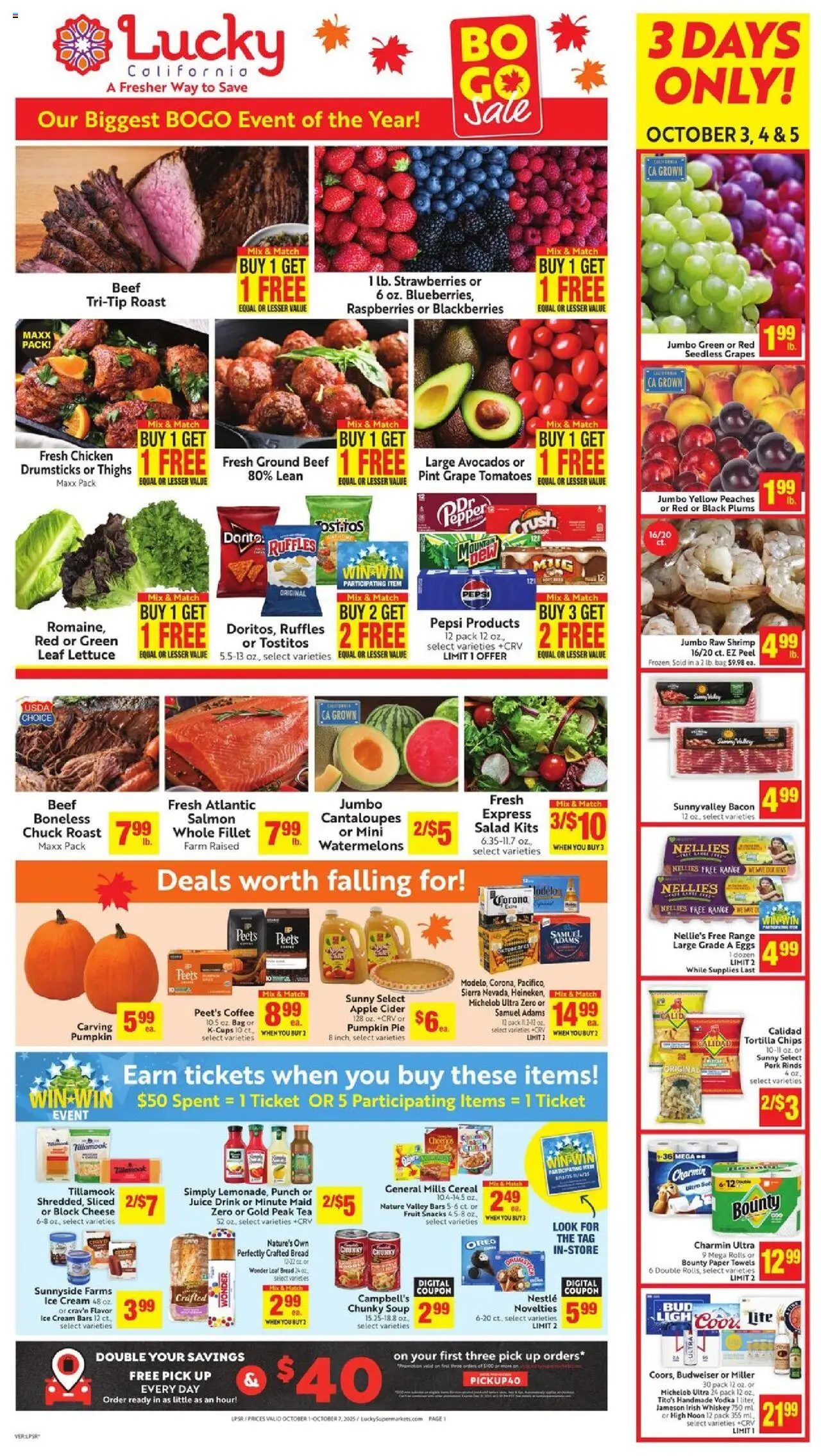 Lucky Supermarkets Weekly - AK - valid from 01.10.2025 | Page: 1 | Products: Peaches, Bread, Juice, Chips