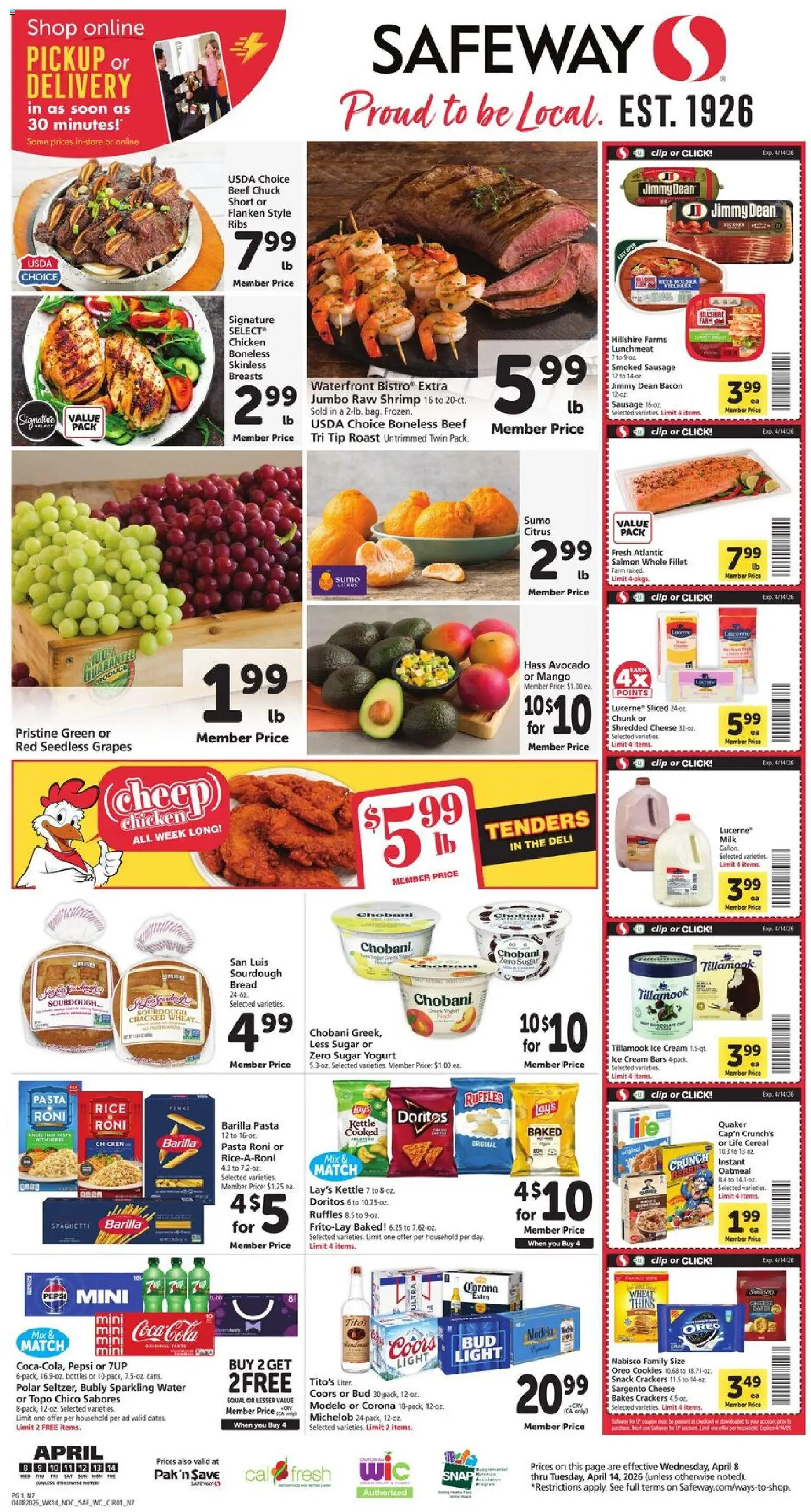 Safeway Weekly Ad - valid from 08.04.2026 | Page: 1 | Products: Avocado, Water, Mango, Peach
