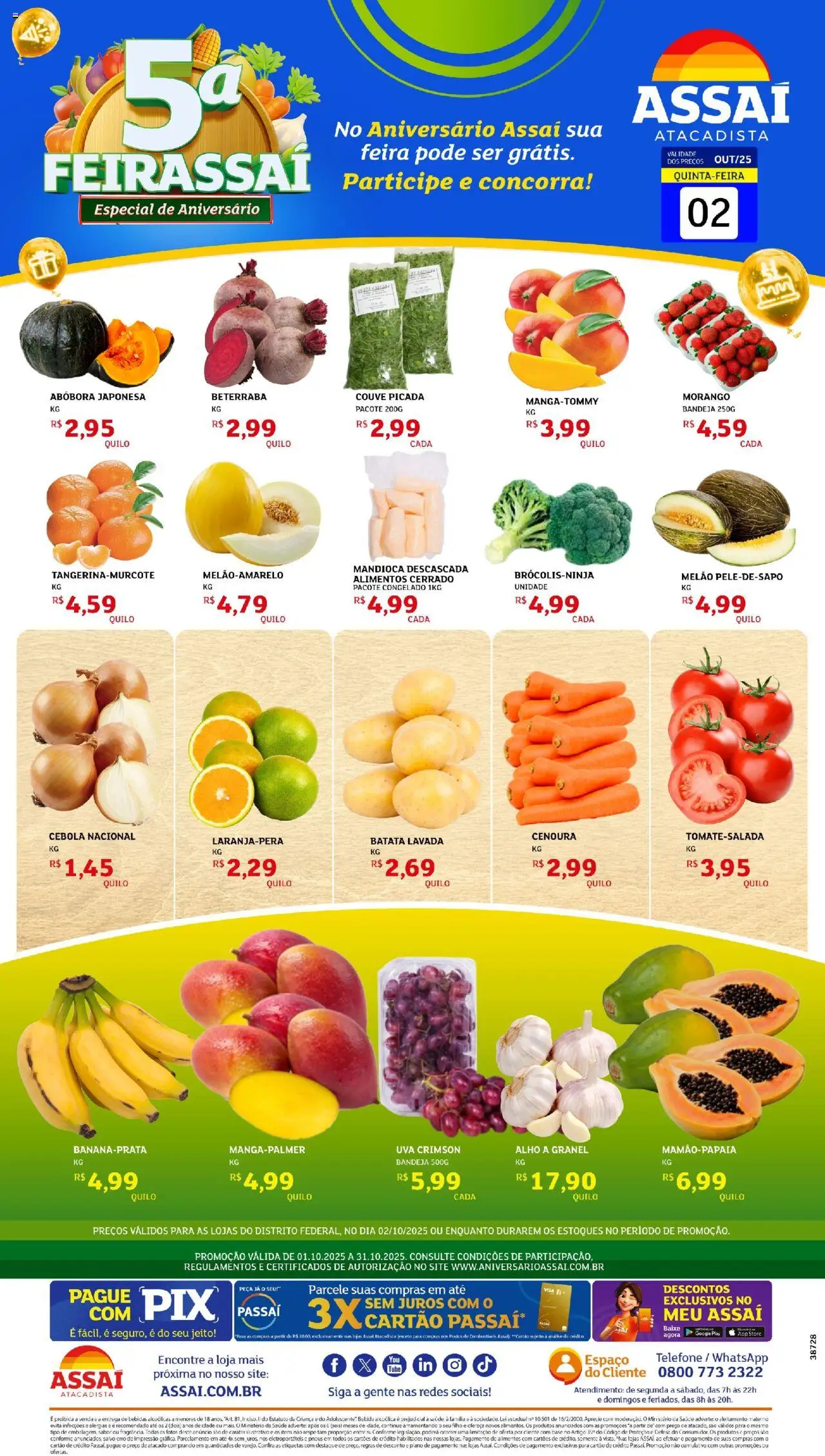 Assaí Atacadista Folheto - válido de 02.10.2025 | Página: 1 | Produtos: Melão, Mandioca, Base, Telefone