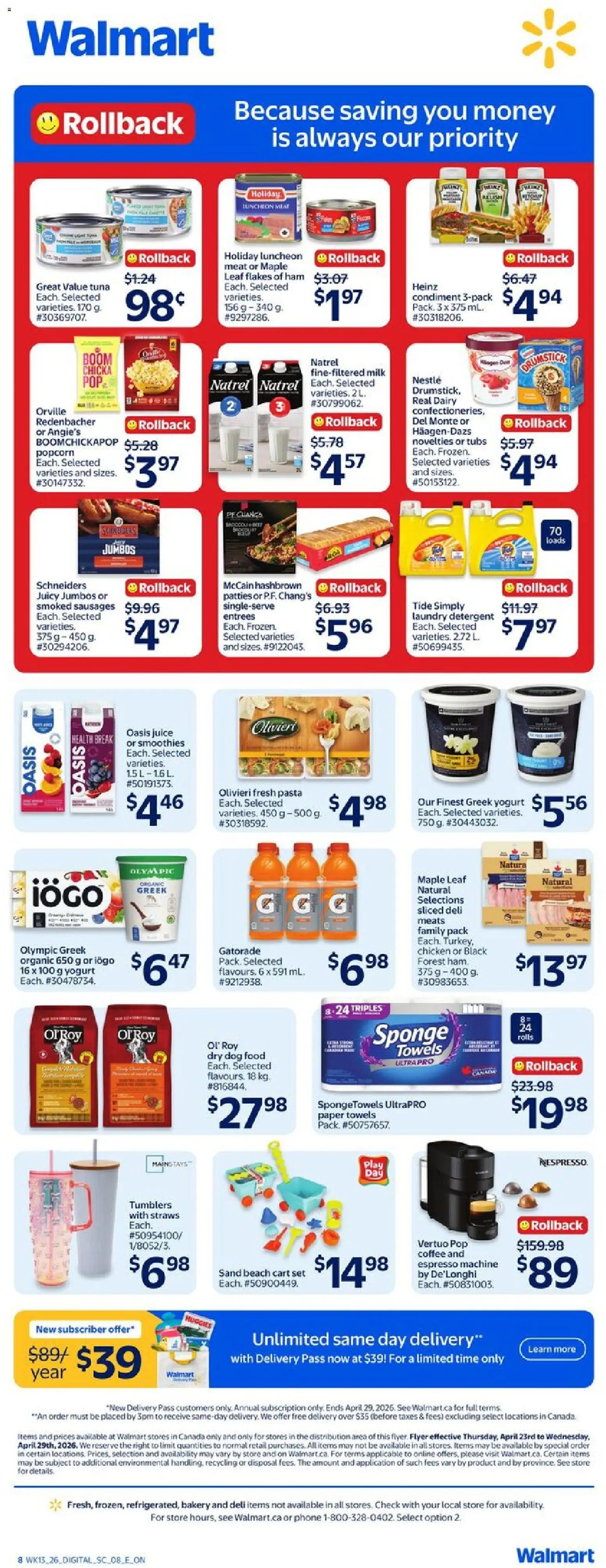 Walmart flyer valid from 23.04.2026 | Page: 2 | Products: Milk, Ham, Juice, Chicken