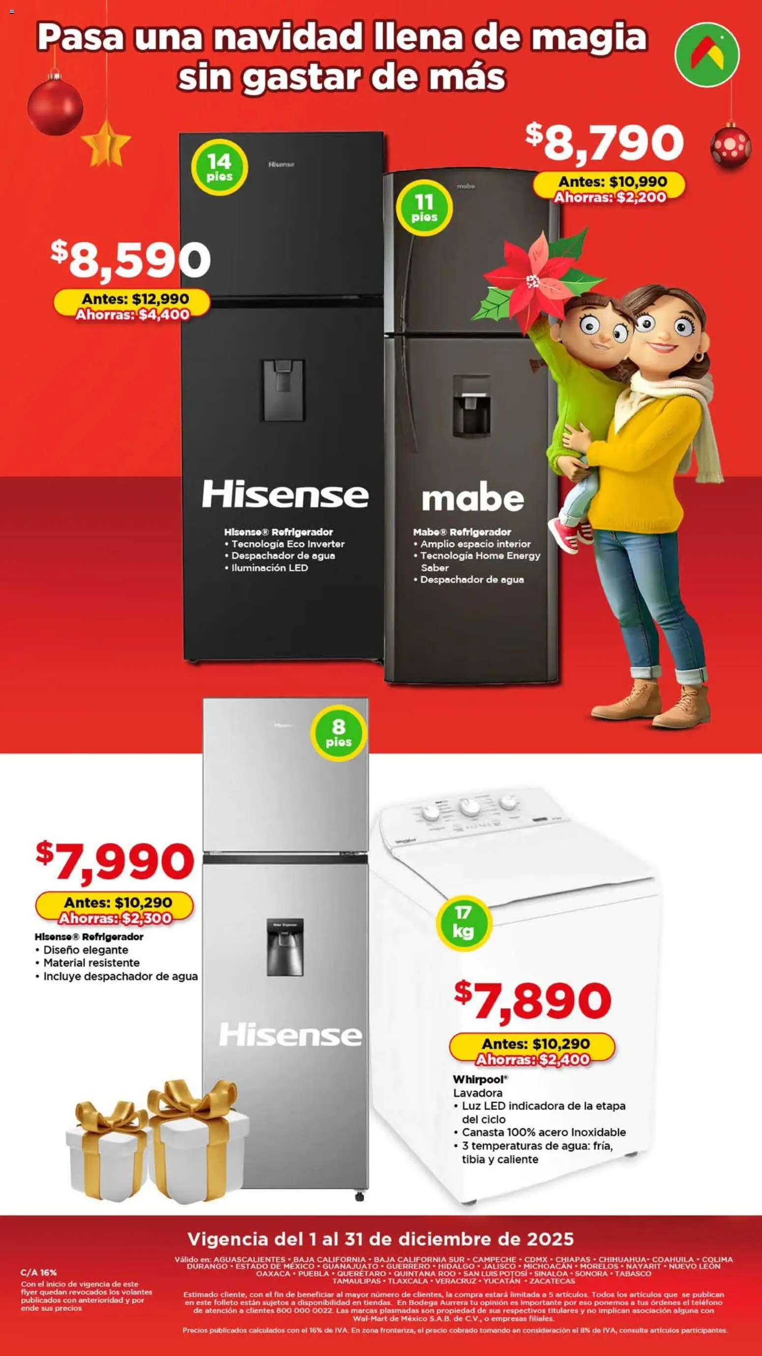 Nuevas ofertas de Bodega Aurrerá válidas en toda la República Mexicana desde el 01.12.2025. ¡Encuentra las mejores ofertas en Bodega Aurrerá folleto Navidad! | Página: 10 | Productos: Refrigerador, Lavadora, Canasta, Teléfono