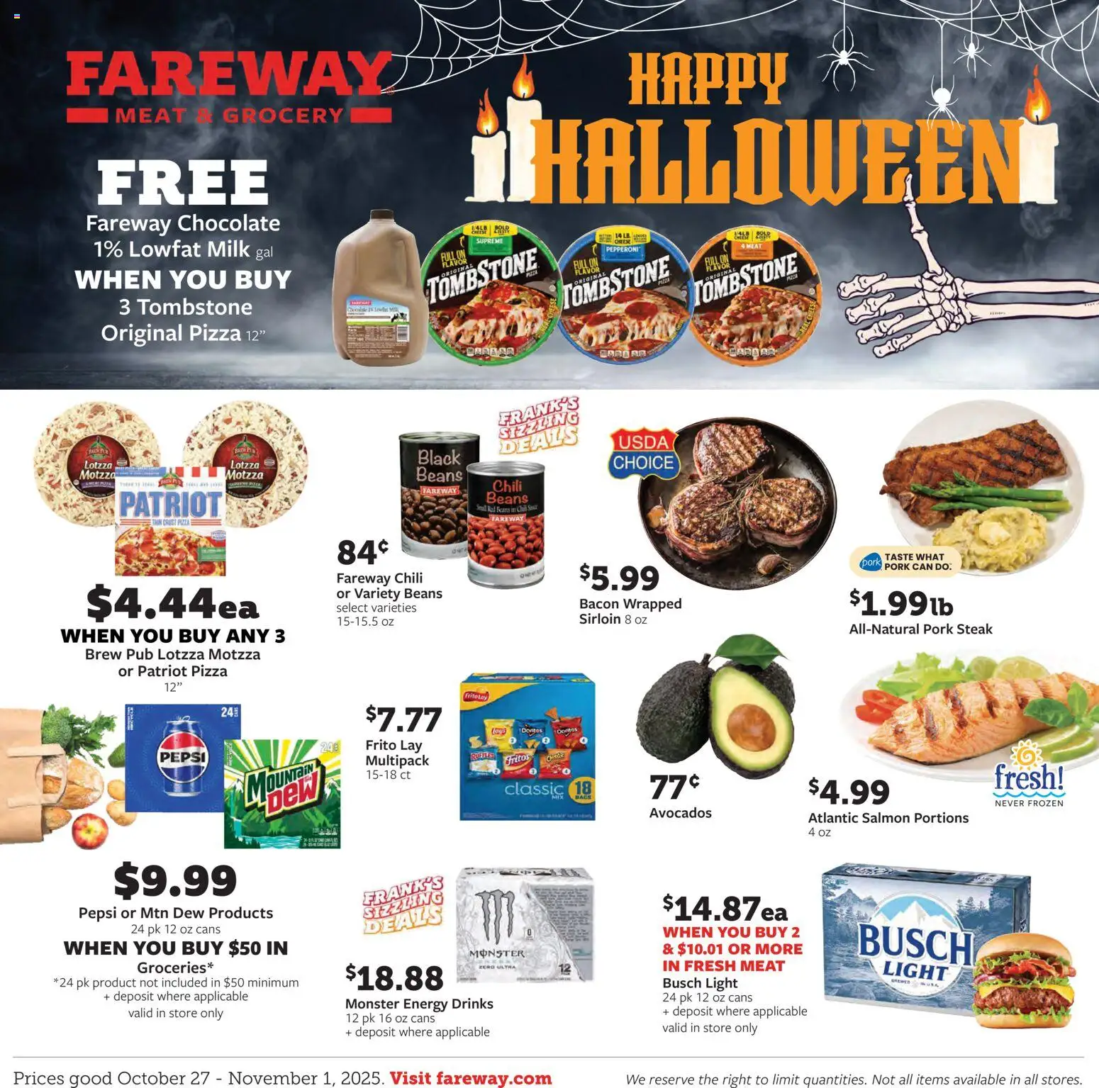 Fareway Weekly Ad - valid from 27.10.2025 | Page: 1 | Products: Milk, Cheese, Pizza, Pork