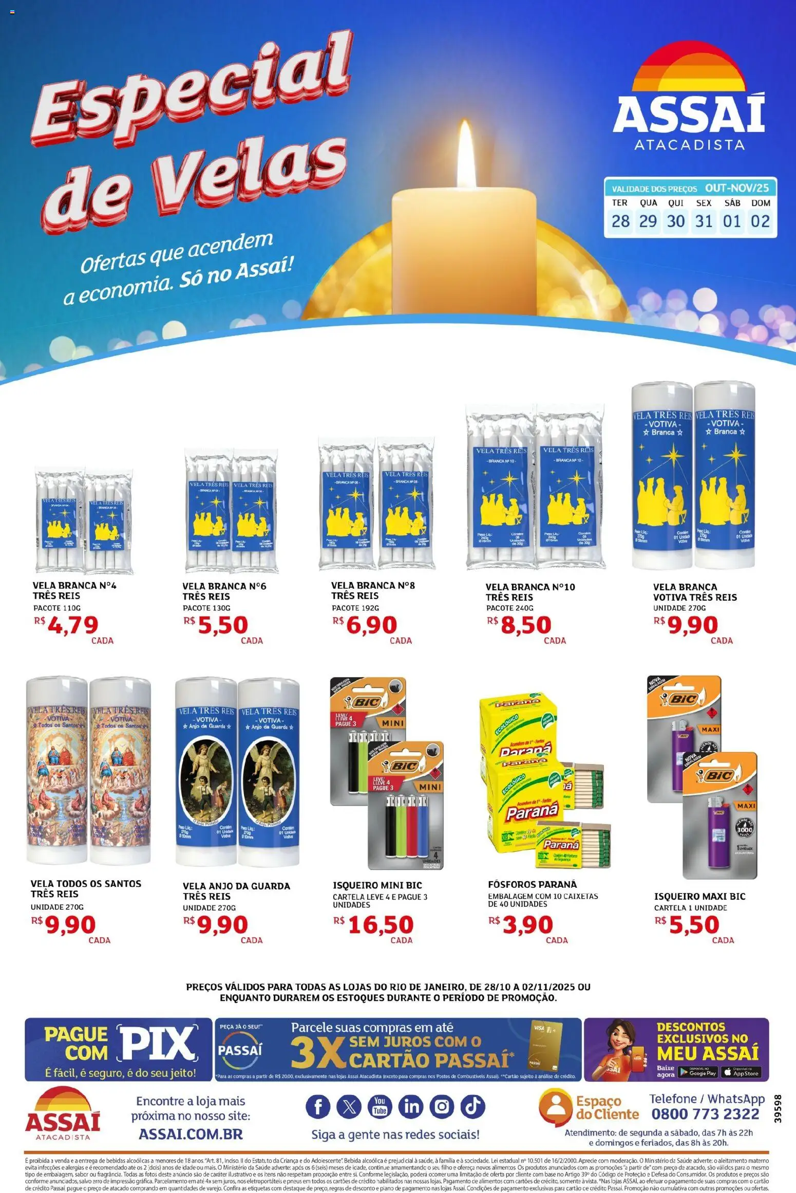 Assaí Atacadista Folheto - válido de 28.10.2025 | Página: 1 | Produtos: Velas, Pneus, Bebida, Telefone