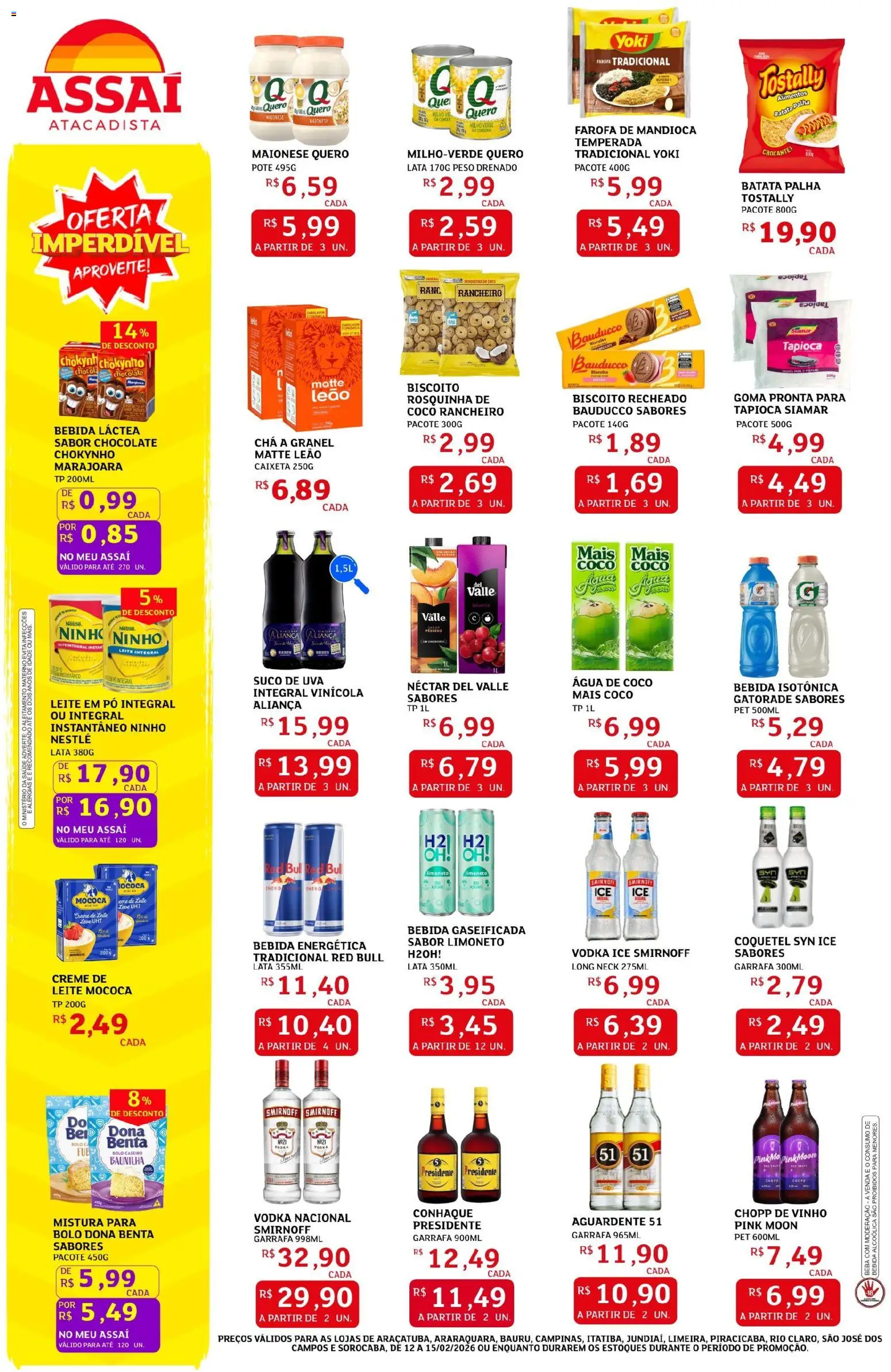 Assaí Atacadista Folheto - válido de 12.02.2026 | Página: 3 | Produtos: Pêssego, Mandioca, Conhaque, Chocolate