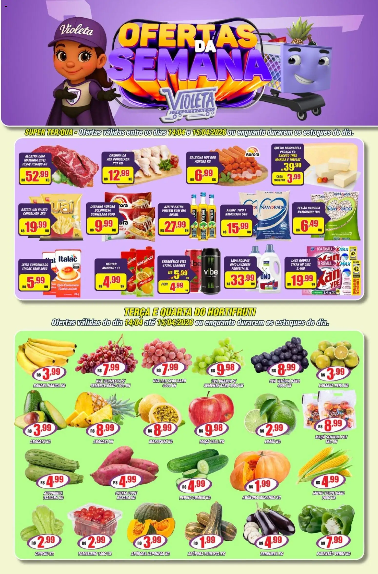 Violeta Supermercados Folheto - válido de 14.04.2026 | Página: 1 | Produtos: Moranga, Alcatra, Roupas, Mussarela