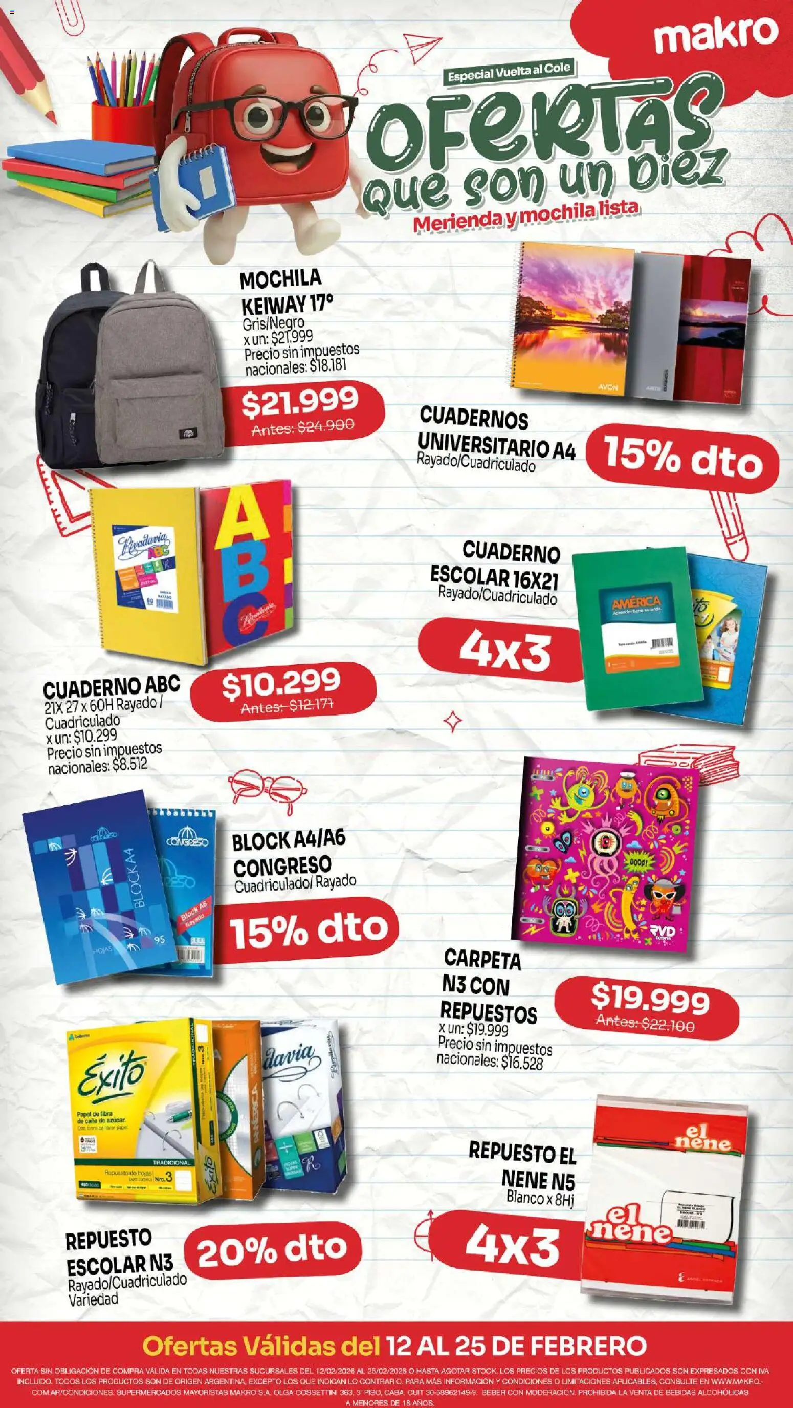 Makro ofertas Vuelta al cole │ válido desde el 12.02.2026 | Página: 1 | Productos: Mochila, Cuaderno