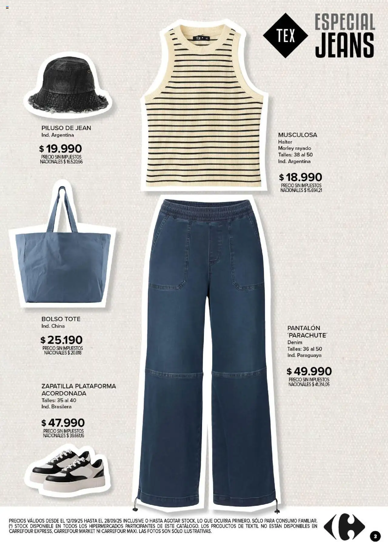 Carrefour - Especial Jeans │ válido desde el 12.09.2025 | Página: 3 | Productos: Jean, Musculosa, Piluso, Bolso