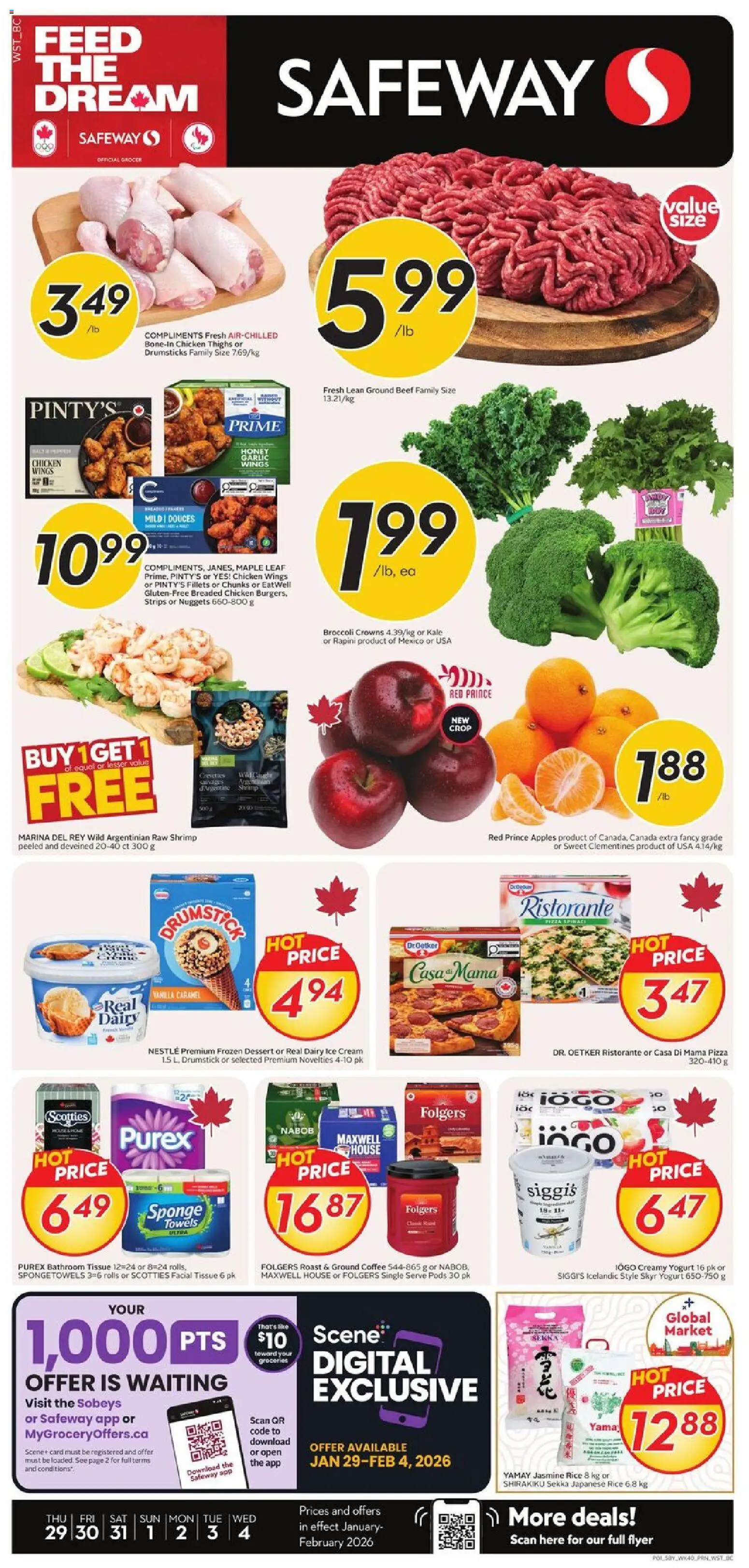 Safeway flyer valid from 29.01.2026 | Page: 1 | Products: Chicken wings, Sponge, Pizza, Chicken