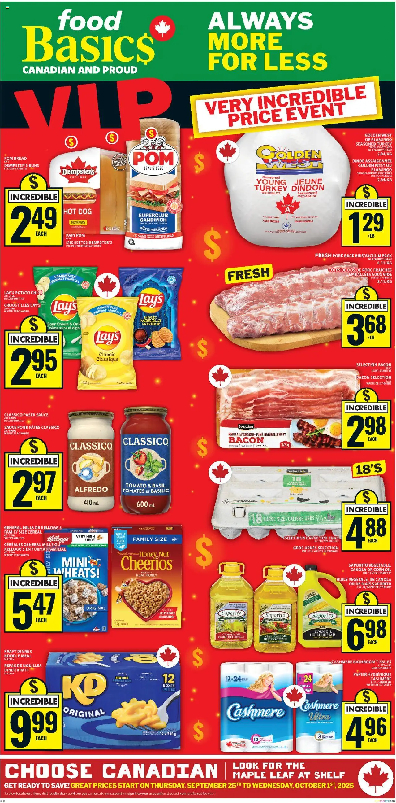 Food Basics flyer valid from 25.09.2025 | Page: 1 | Products: Chips, Cream, Turkey, Eggs