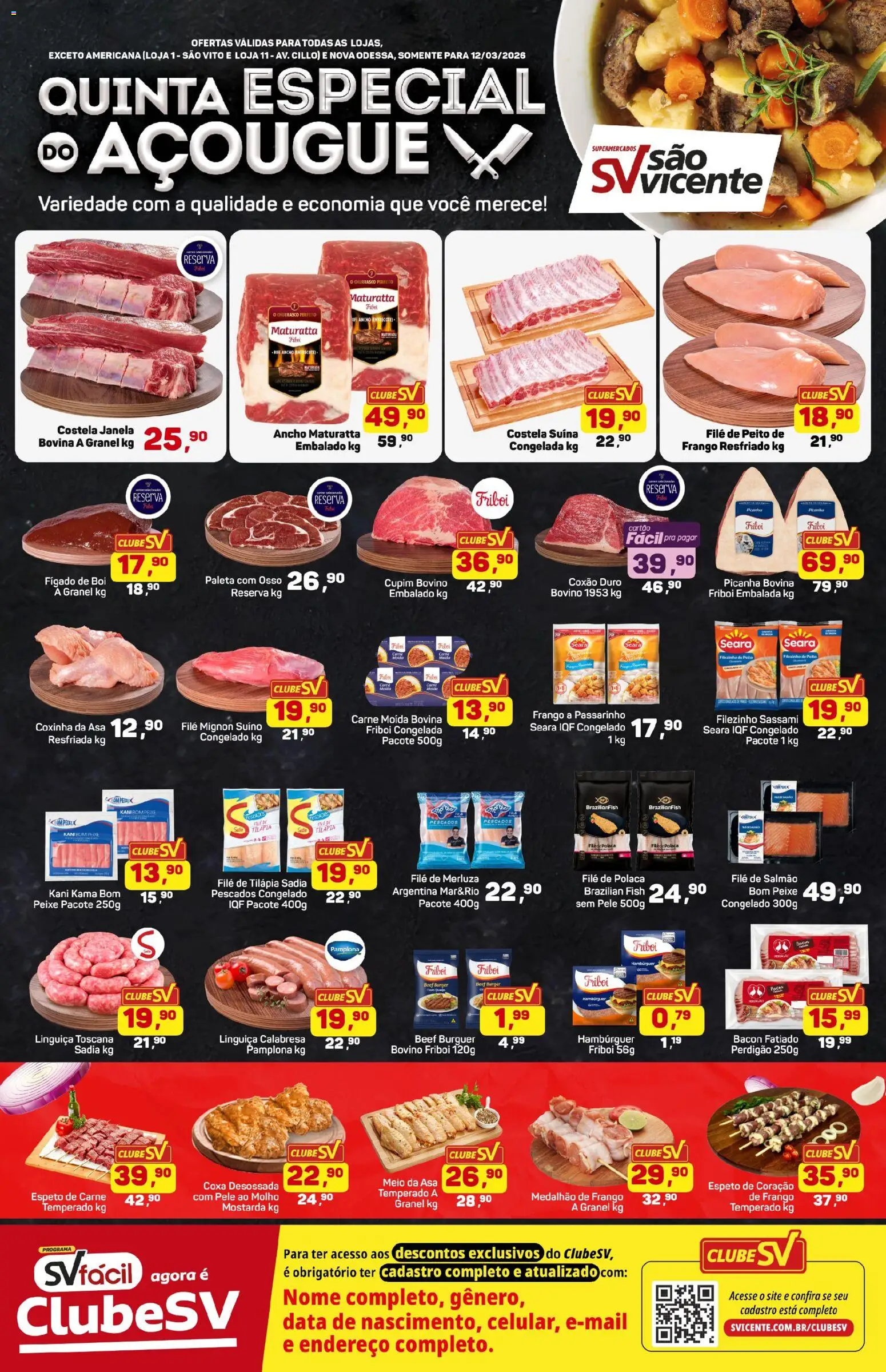 Supermercados São Vicente Folheto - válido de 12.03.2026 | Página: 1 | Produtos: Ancho Maturatta, Filé mignon, Tilápia, Peito de frango