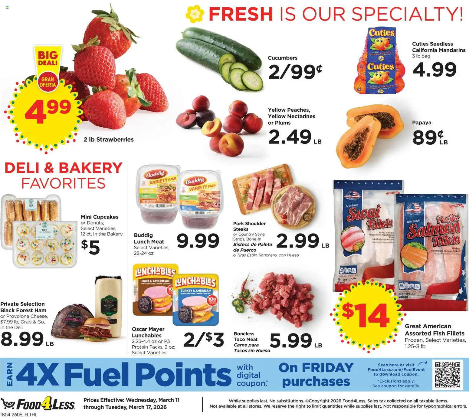 Food 4 Less Weekly Ad - valid from 11.03.2026 | Page: 5 | Products: Mandarins, Vacuum, Strawberries, Cucumbers