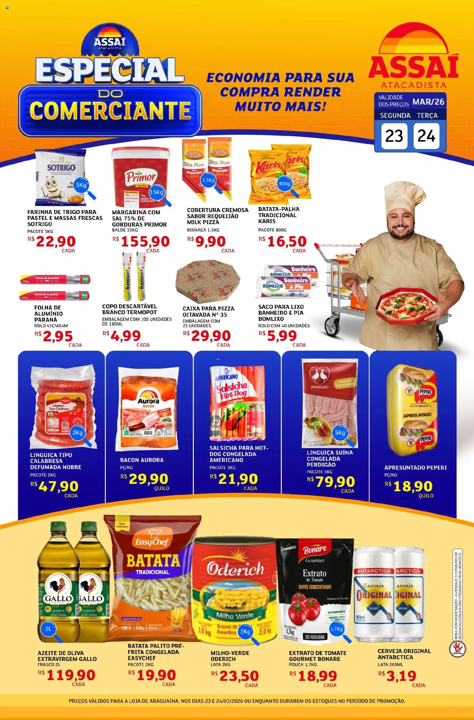Assaí Atacadista Folheto - válido de 23.03.2026 | Página: 1 | Produtos: Linguiça, Cerveja, Tomates, Pia