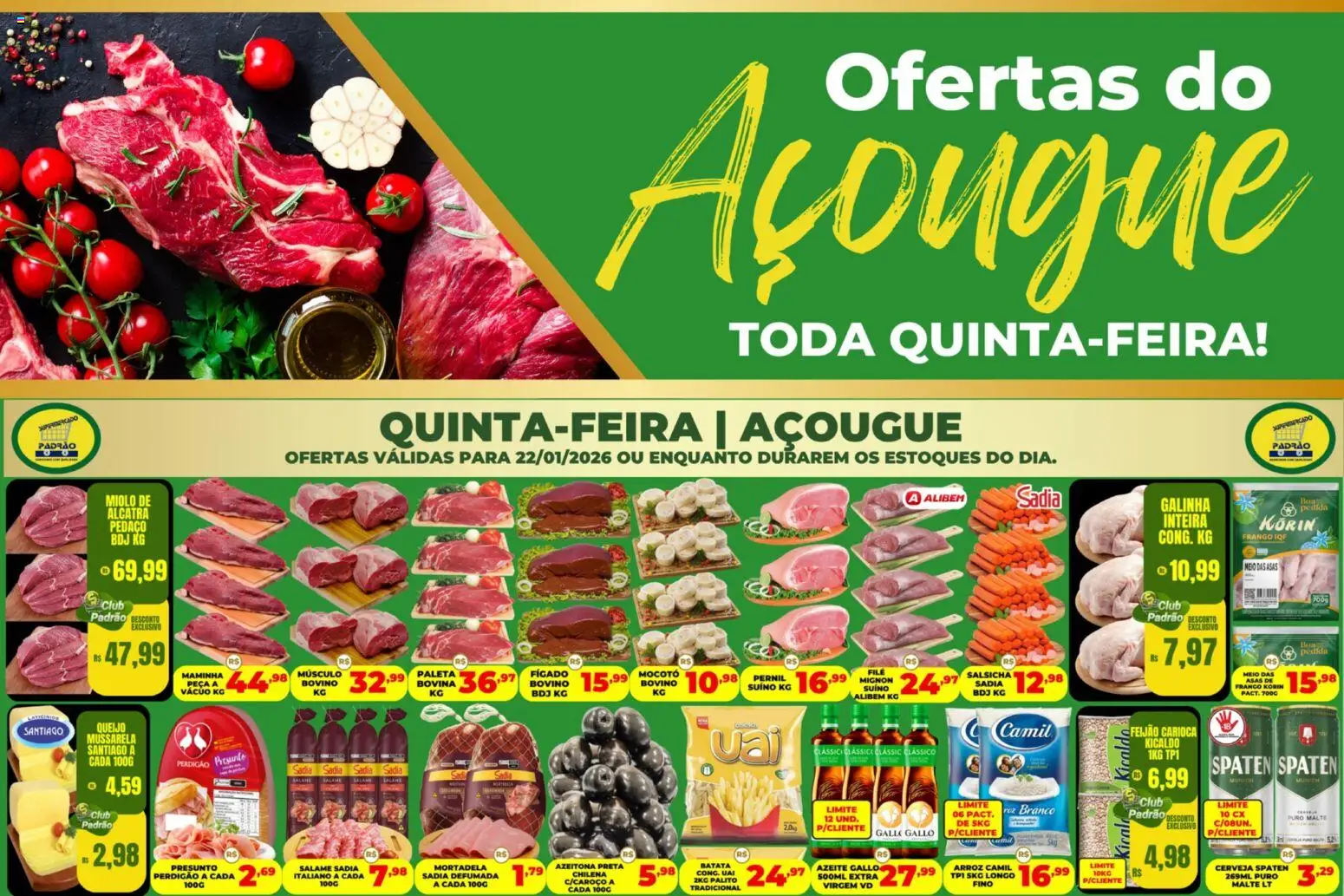 Supermercado Padrão Folheto - válido de 22.01.2026 | Página: 1 | Produtos: Feijão, Salsicha, Frango, Azeite