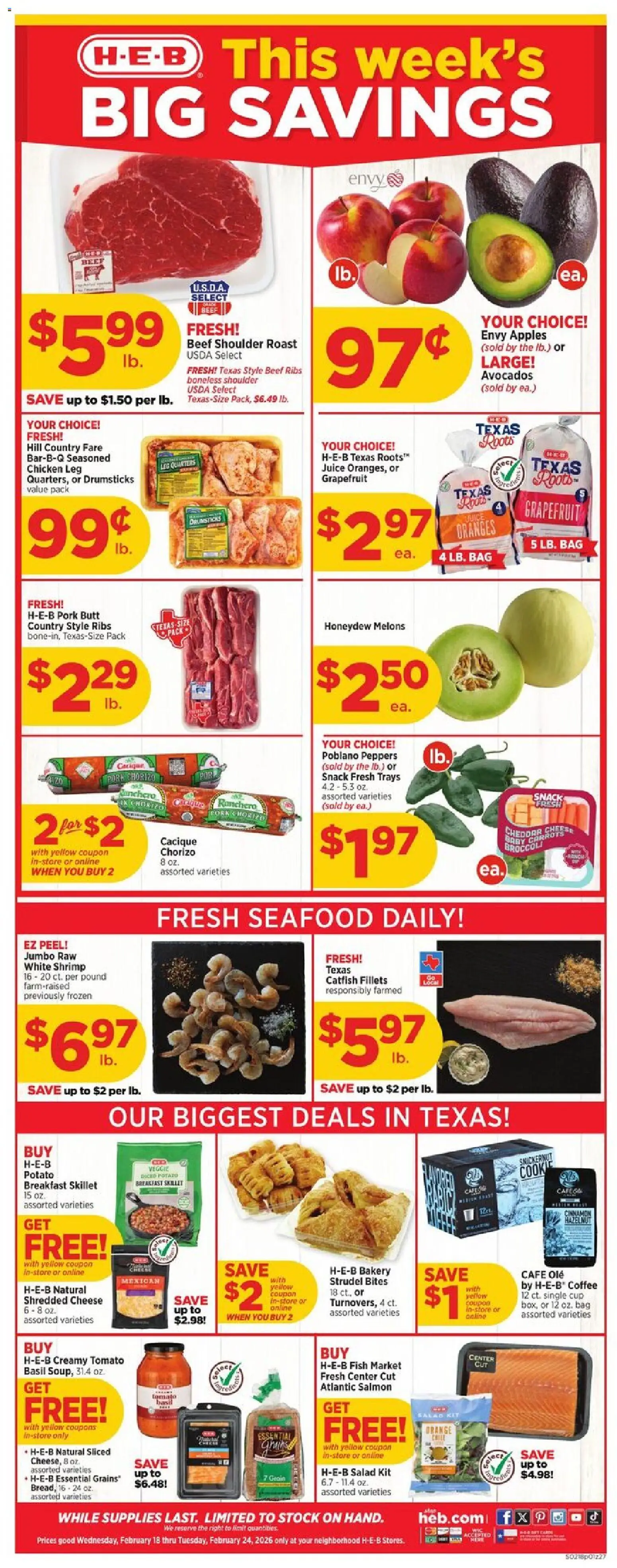 H-E-B Weekly Ad - valid from 18.02.2026 | Page: 1 | Products: Bakery, Broccoli, Pork, Salad