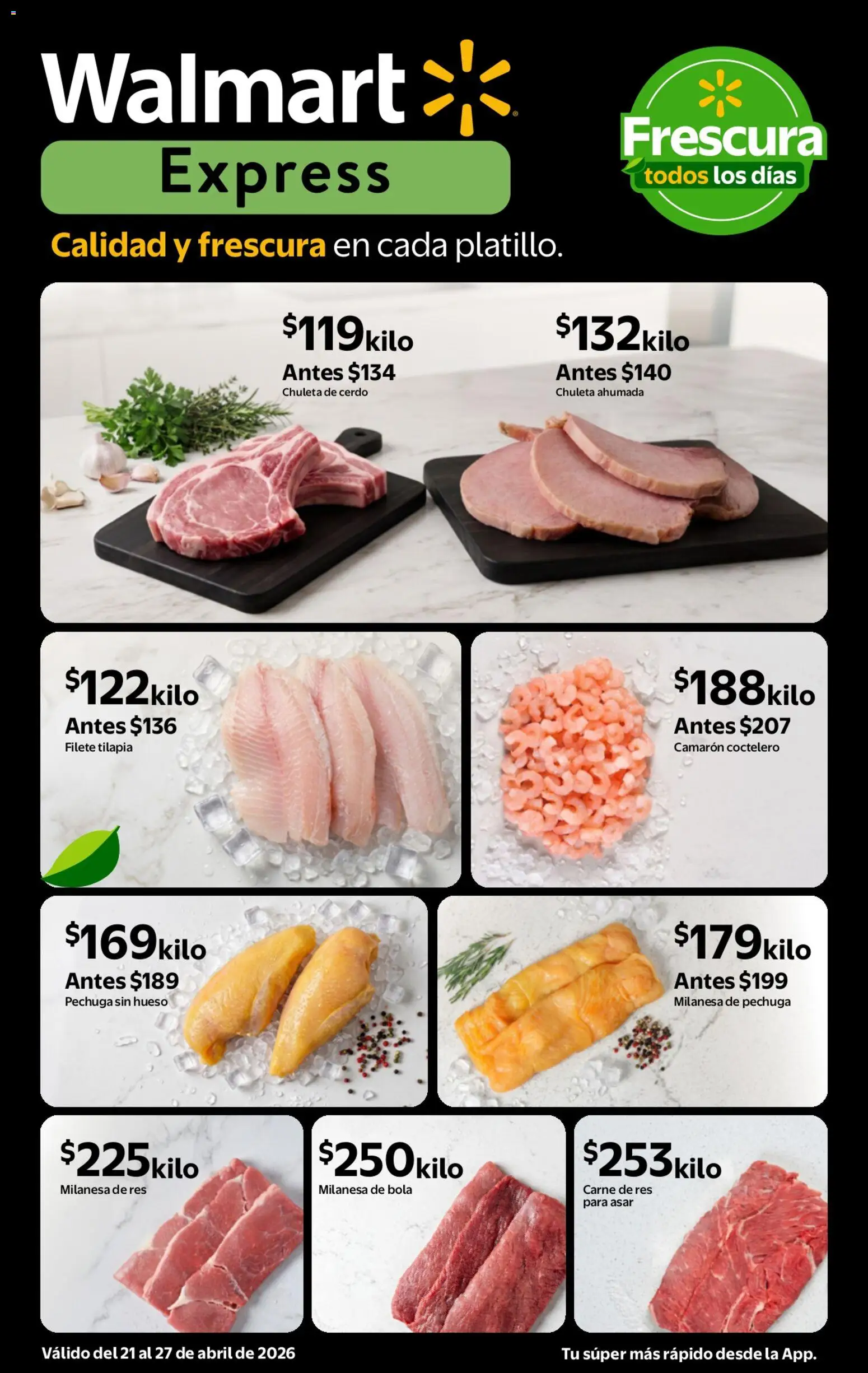 Nuevas ofertas de Walmart Express válidas en toda la República Mexicana desde el 21.04.2026. ¡Encuentra las mejores ofertas en Walmart Express folleto Calidad a precios bajos! | Página: 3 | Productos: Milanesa, Cerdo, Res