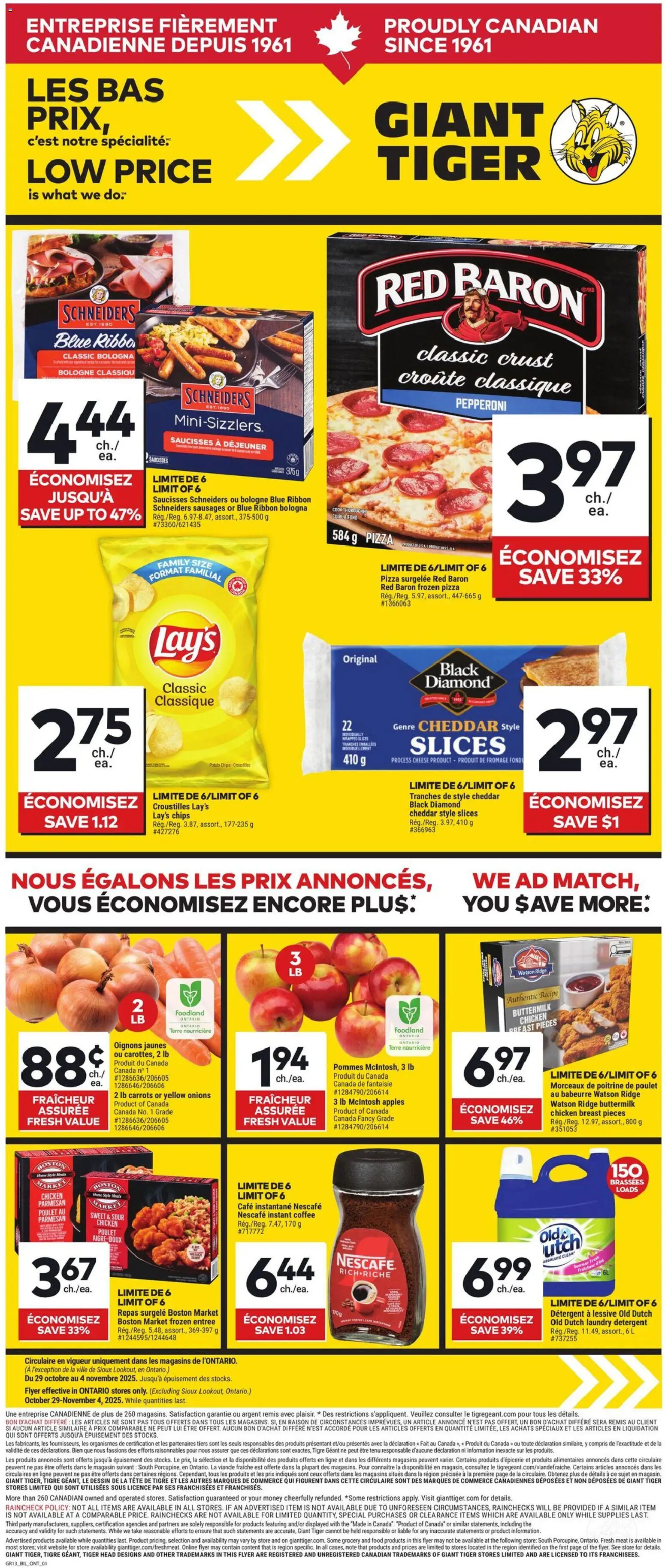 Giant Tiger flyer valid from 29.10.2025 | Page: 1 | Products: Chips, Cheese, Coffee, Apples