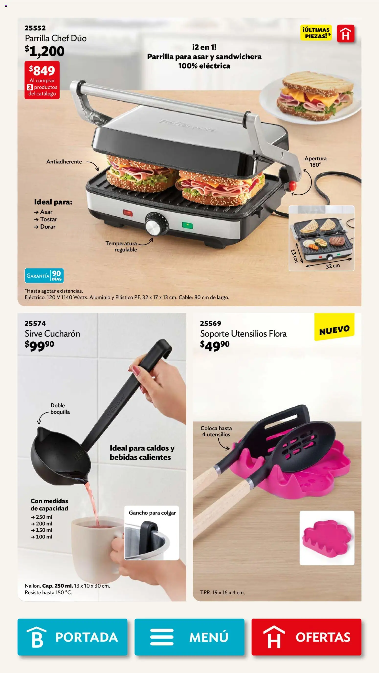 Nuevas ofertas de Betterware válidas en toda la República Mexicana desde el 05.01.2026. ¡Encuentra las mejores ofertas en Betterware campaña 1 2026! | Página: 33 | Productos: Sandwichera, Cable, Parrilla, Cucharón