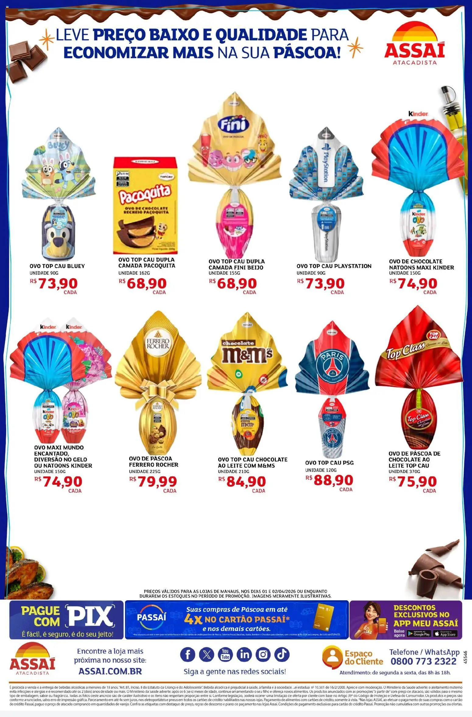 Assaí Atacadista Folheto - válido de 01.04.2026 | Página: 2 | Produtos: Chocolate, Base, Baixo, Telefone