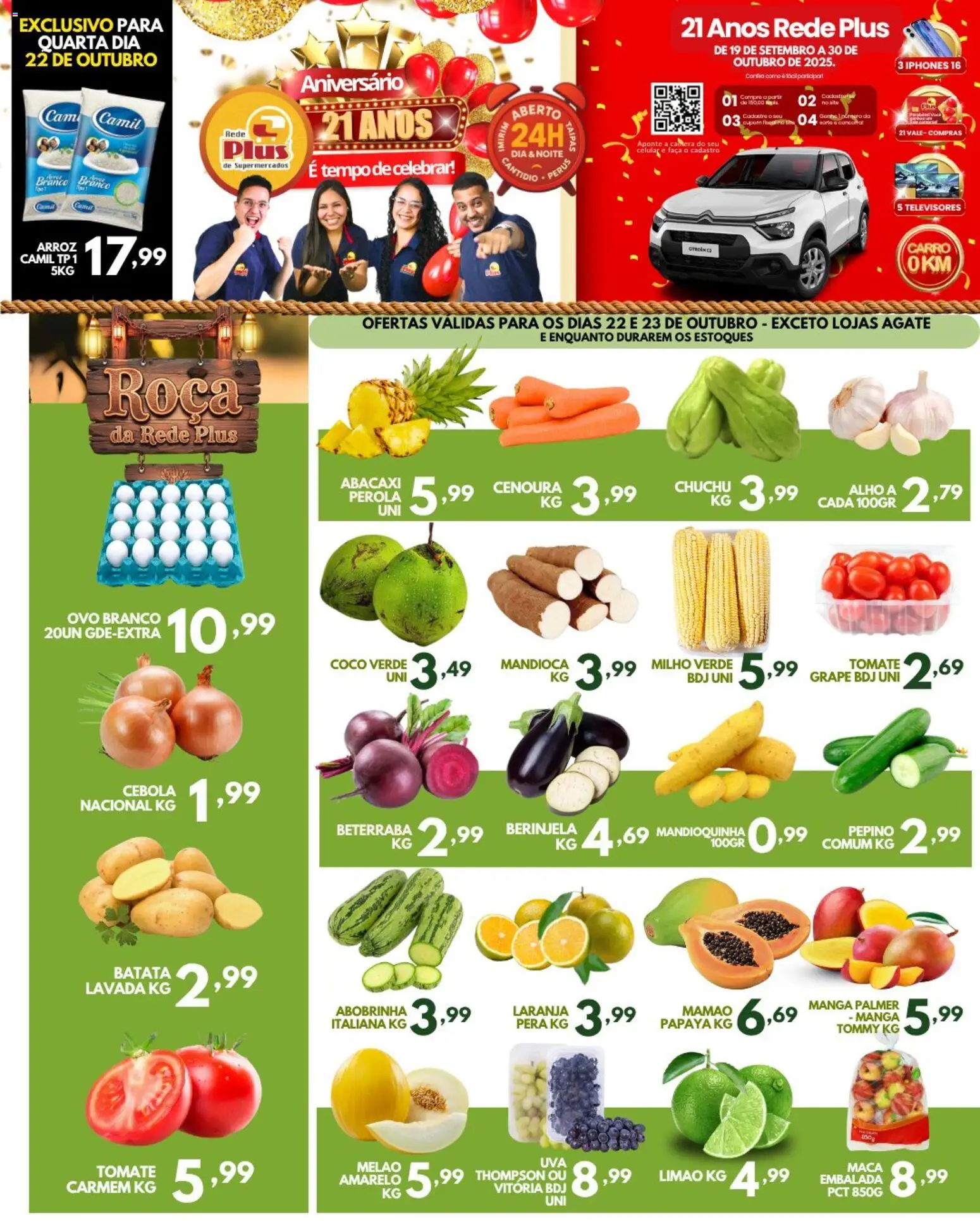 Rede Plus Supermercados Folheto - válido de 22.10.2025 | Página: 1 | Produtos: Cebola, Mandioca, Faca, Arroz