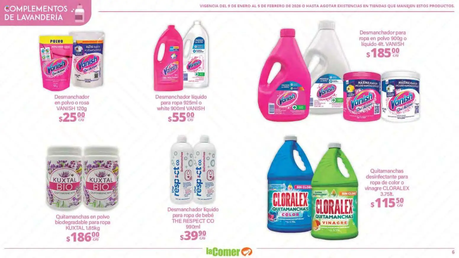 Nuevas ofertas de La Comer válidas en toda la República Mexicana desde el 09.01.2026. ¡Encuentra las mejores ofertas en La Comer folleto Limpia Desinfecta Organiza Ahorra! | Página: 6 | Productos: Vinagre, Desinfectante, Cloro, Polvo