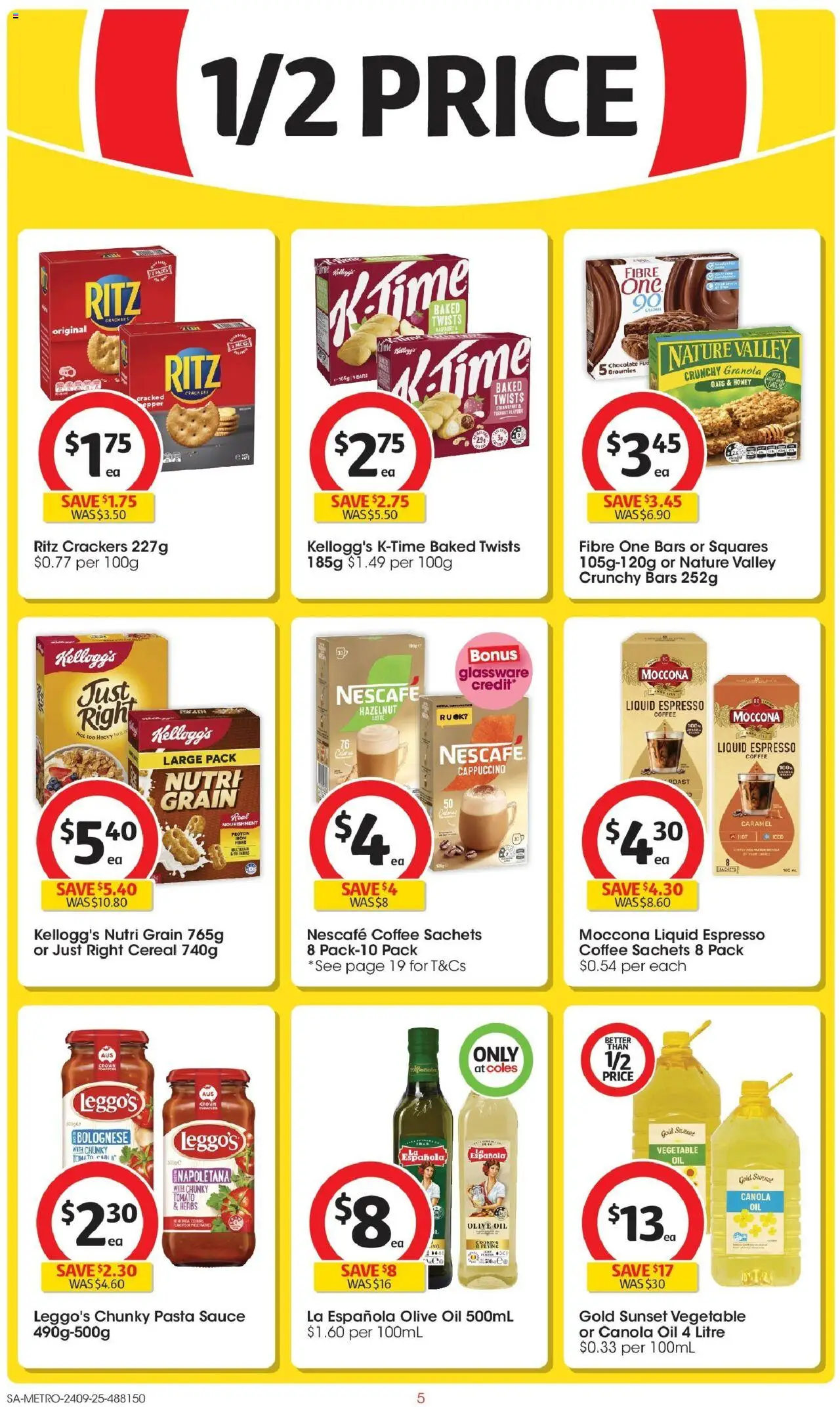 Coles catalogue - valid from 24.09.2025 | Page: 5 | Products: Crackers, Coffee, Oats, Olive oil