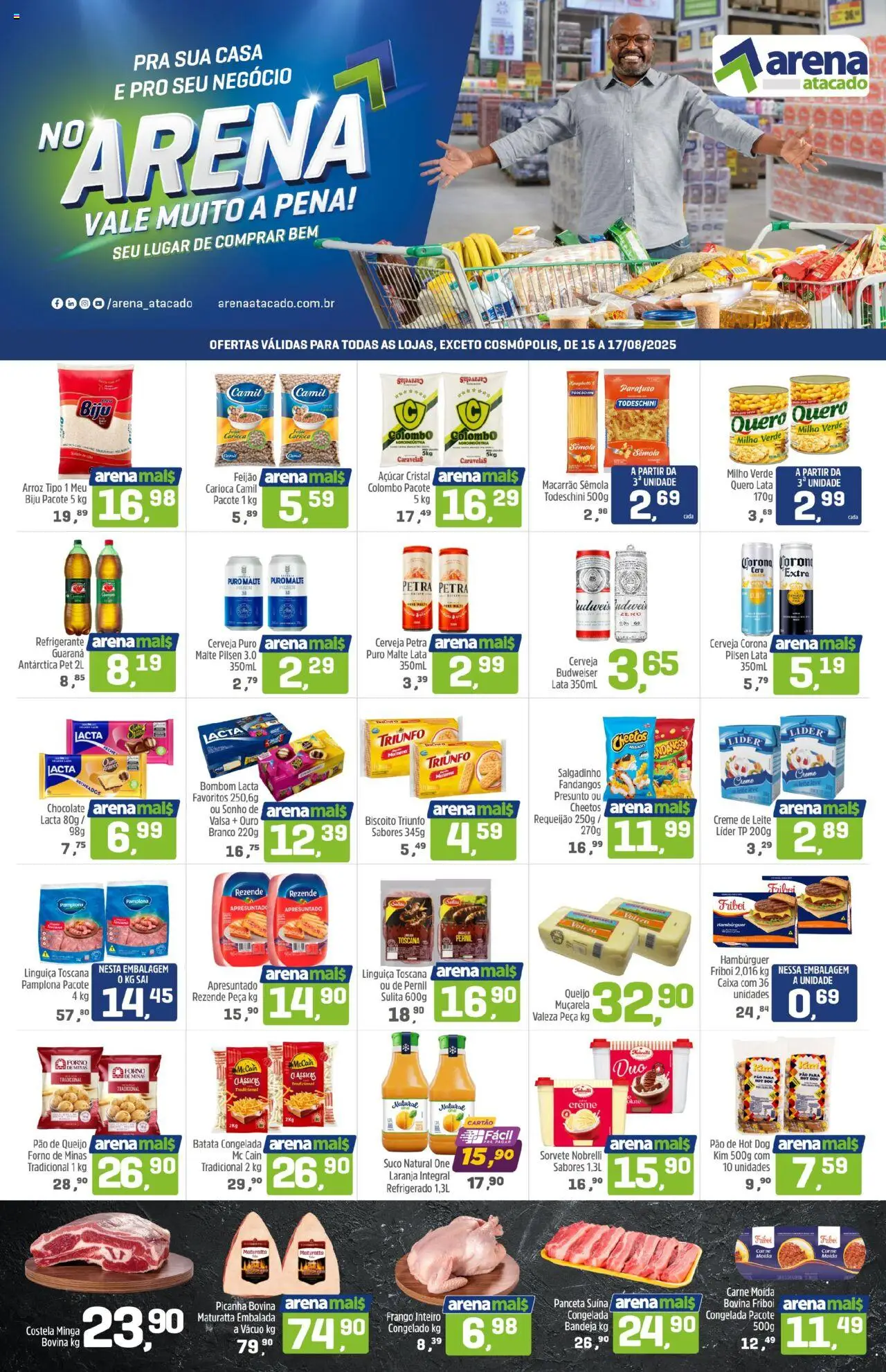 Arena Atacado Folheto - válido de 15.08.2025 | Página: 1 | Produtos: Linguiça, Hambúrguer, Batata, Pão de queijo