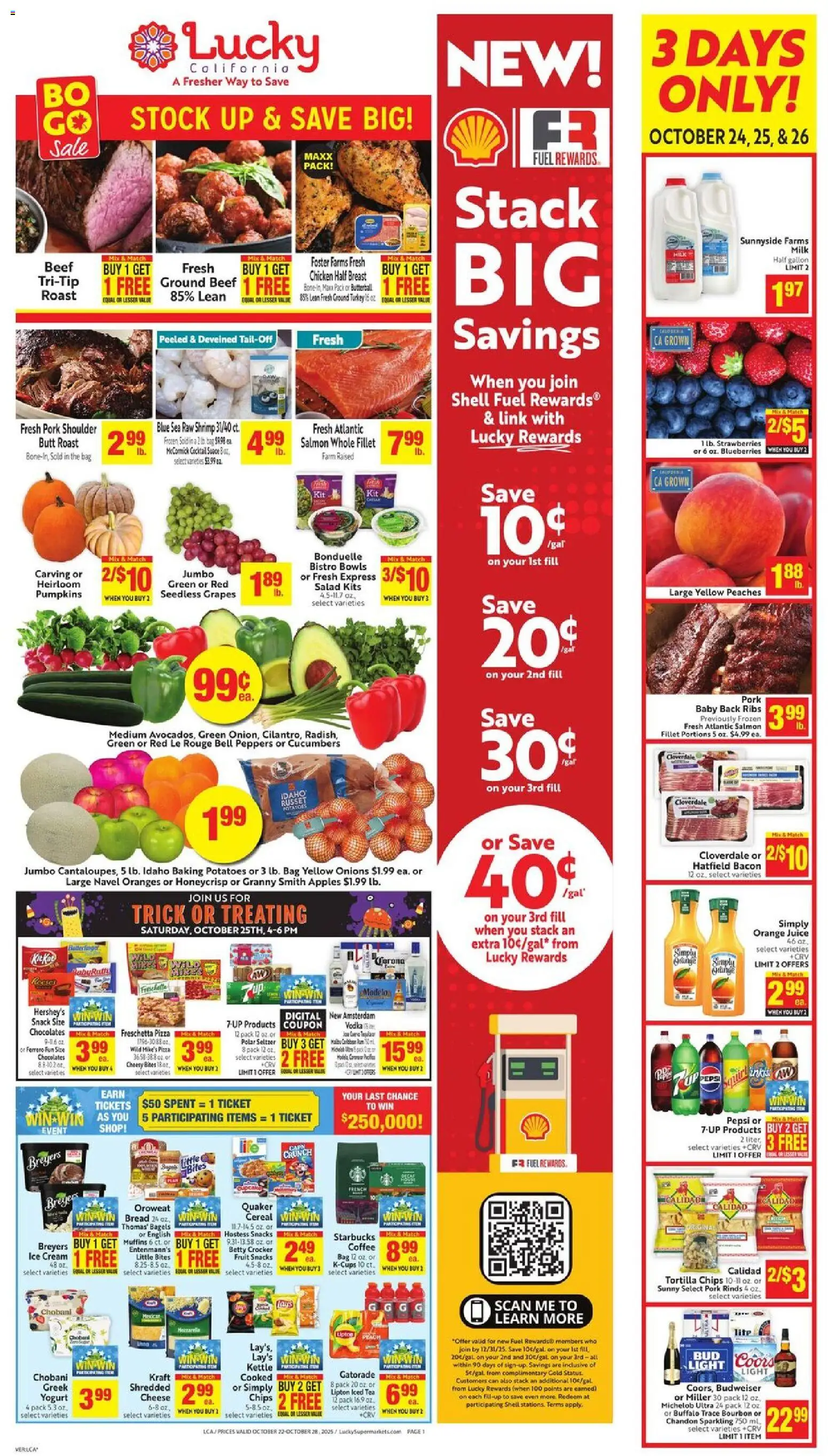Lucky Supermarkets Weekly Ad - valid from 22.10.2025 | Page: 1 | Products: Cheese, Pizza, Peach, Cupcake