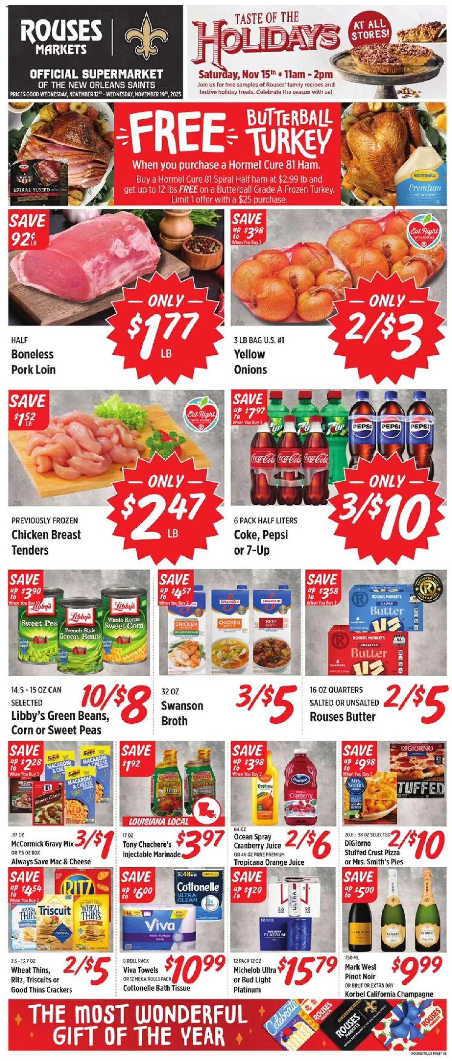 Rouses Weekly Ad - AL - valid from 12.11.2025 | Page: 1 | Products: Corn, Box, Butter, Pork