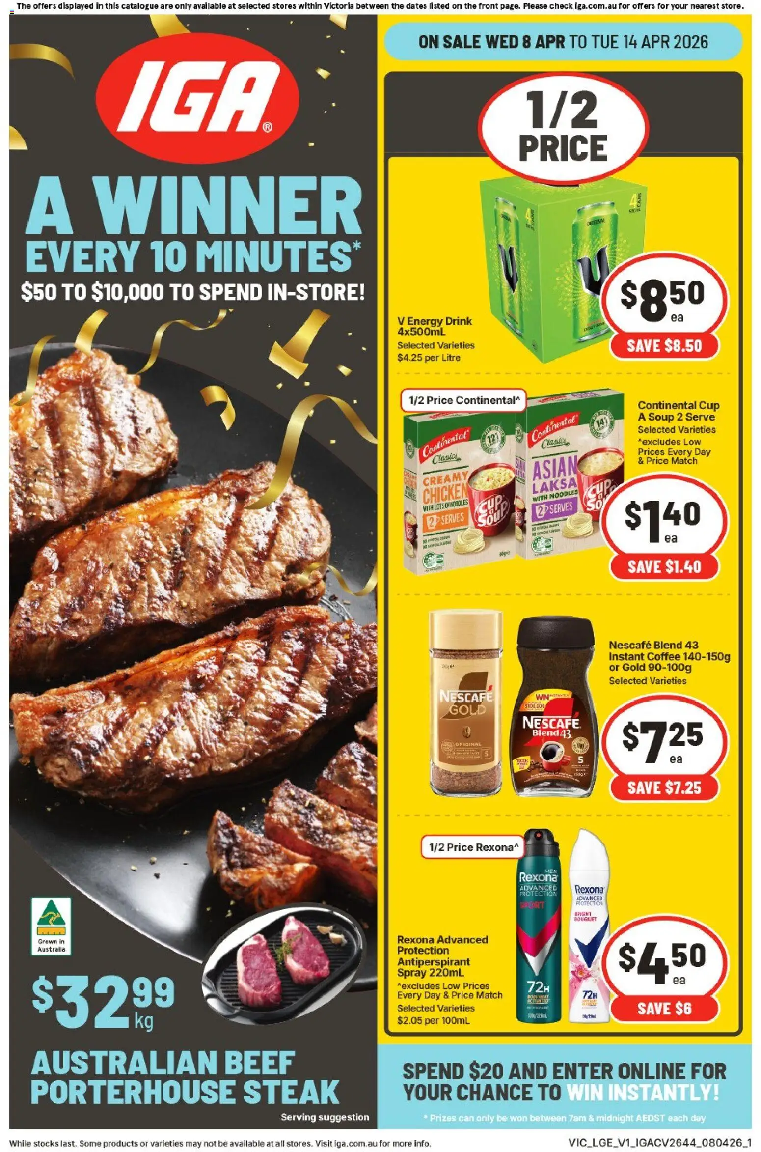 IGA catalogue - valid from 08.04.2026 | Page: 1 | Products: Coffee, Noodles, Beef, Antiperspirant