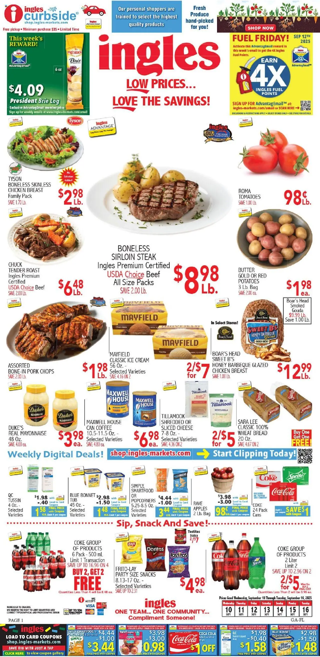 Ingles Weekly Ad - valid from 10.09.2025 | Page: 1 | Products: Pork, Apples, Mayonnaise, Bag