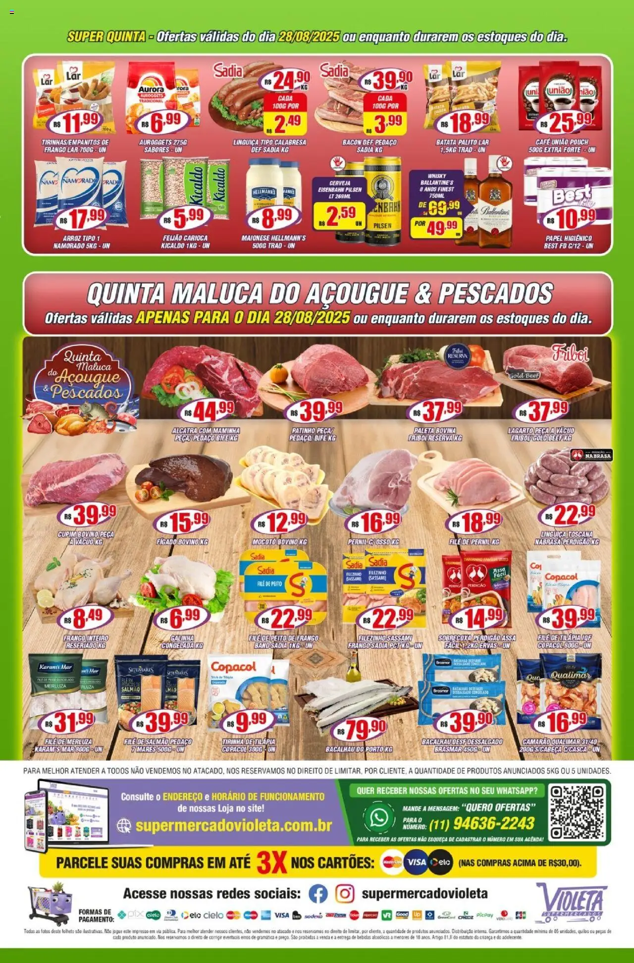 Violeta Supermercados Folheto - válido de 26.08.2025 | Página: 2 | Produtos: Bacalhau, Tilápia, Papel higiênico, Filé de tilápia