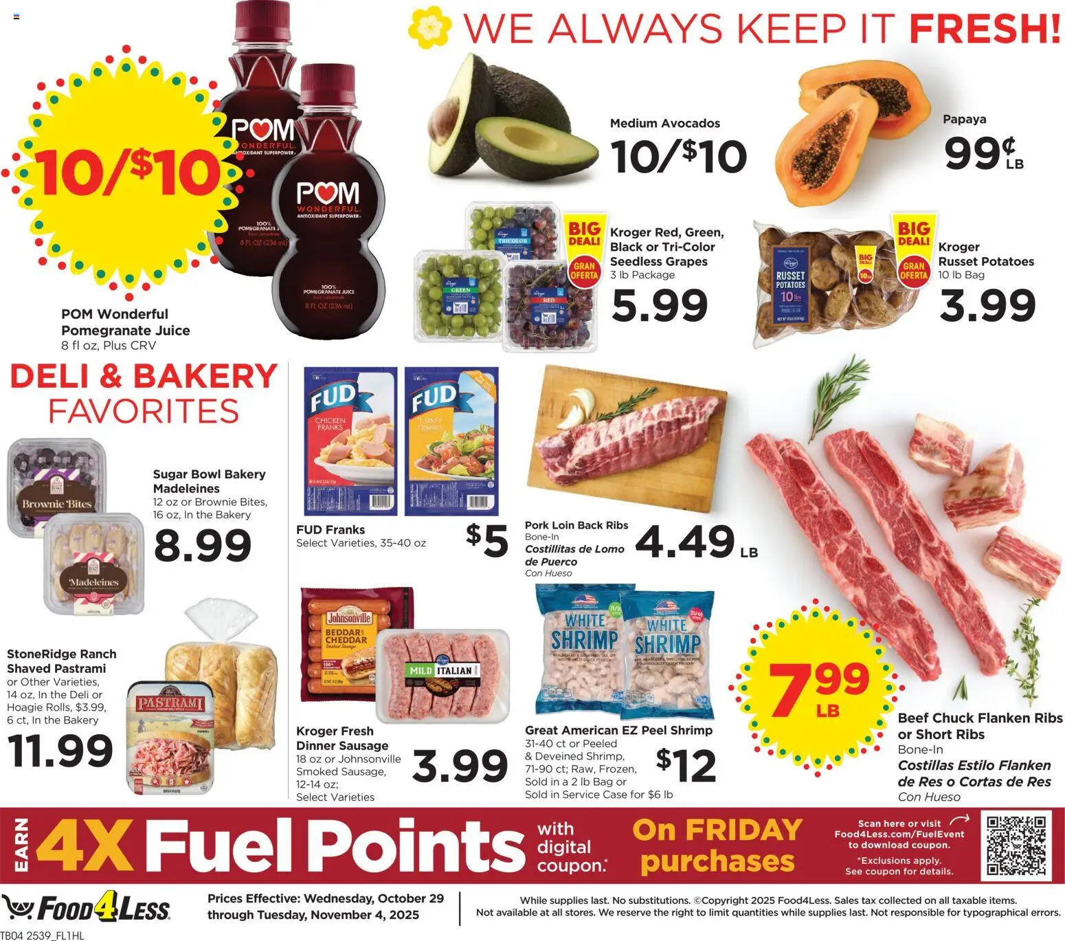 Food 4 Less Weekly Ad - valid from 29.10.2025 | Page: 7 | Products: Pork, Potatoes, Brownie Bites, Grapes