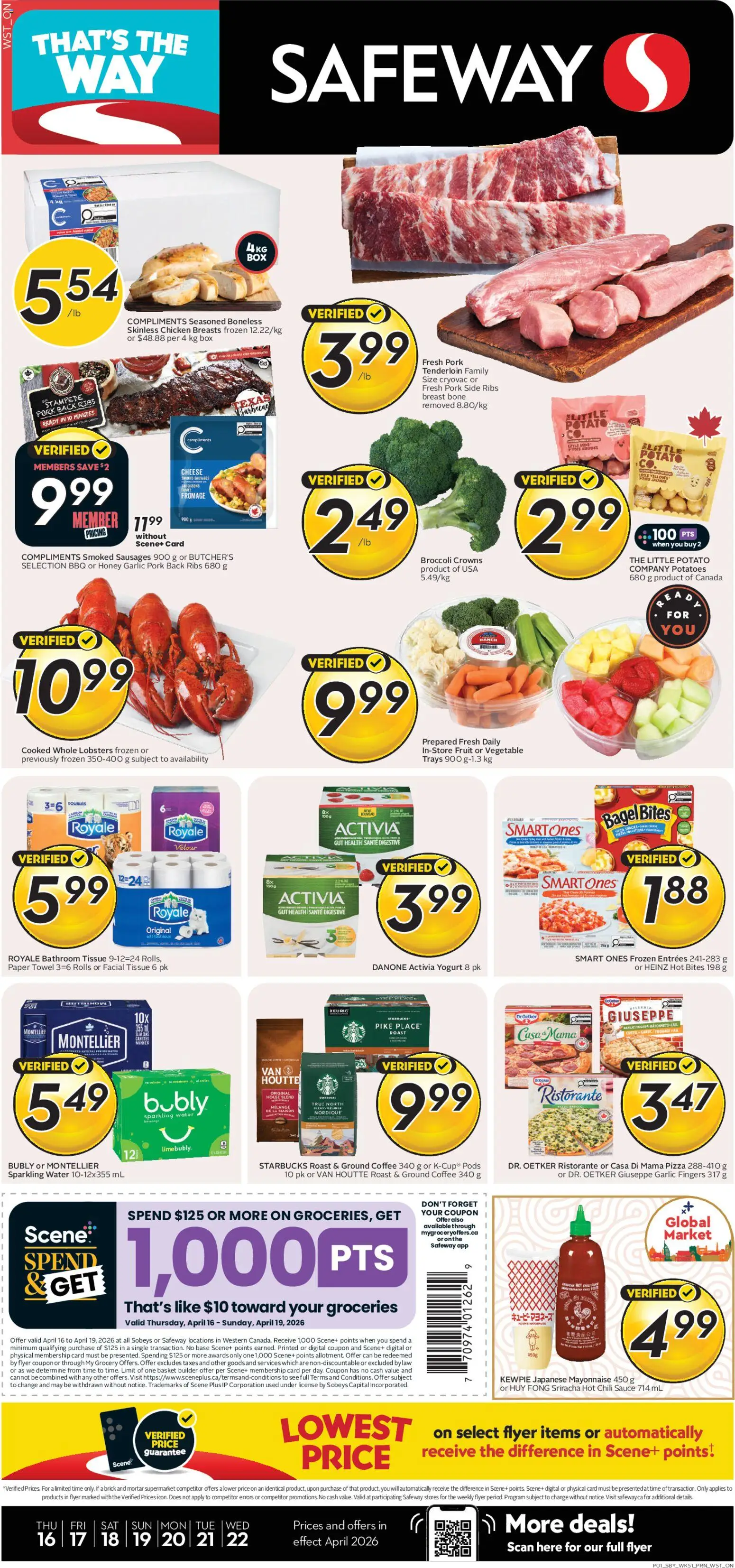 Safeway flyer valid from 16.04.2026 | Page: 1 | Products: Chicken breasts, Potatoes, Box, Basket